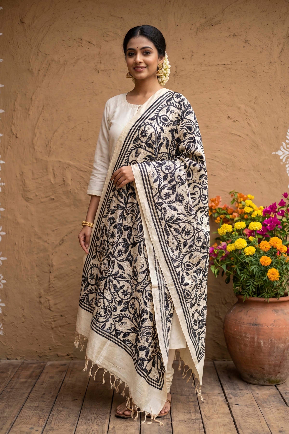 Tussar Kantha Stitch Dupatta SN26KD113
