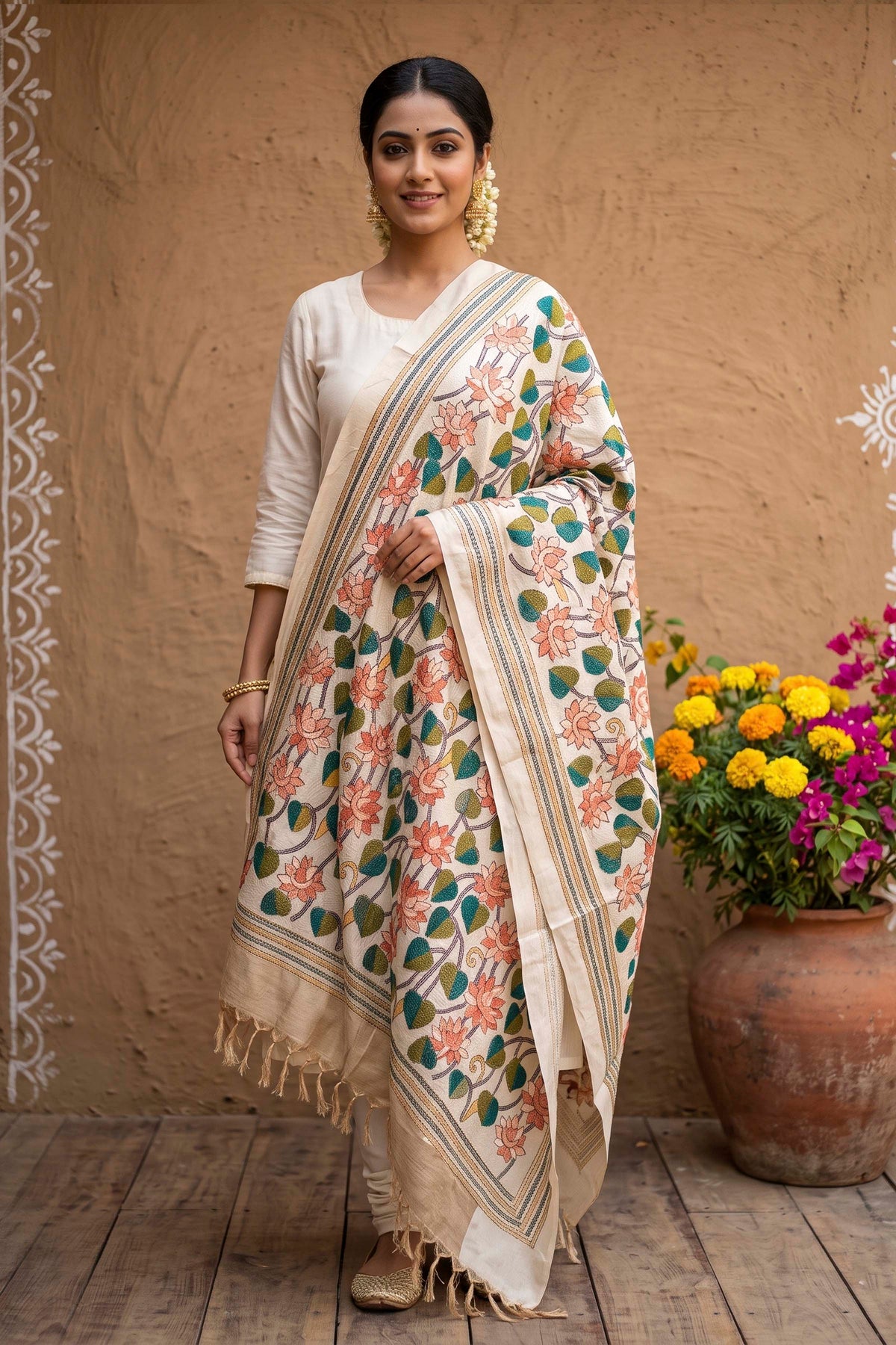 Tussar Kantha Stitch Dupatta SN26KD120