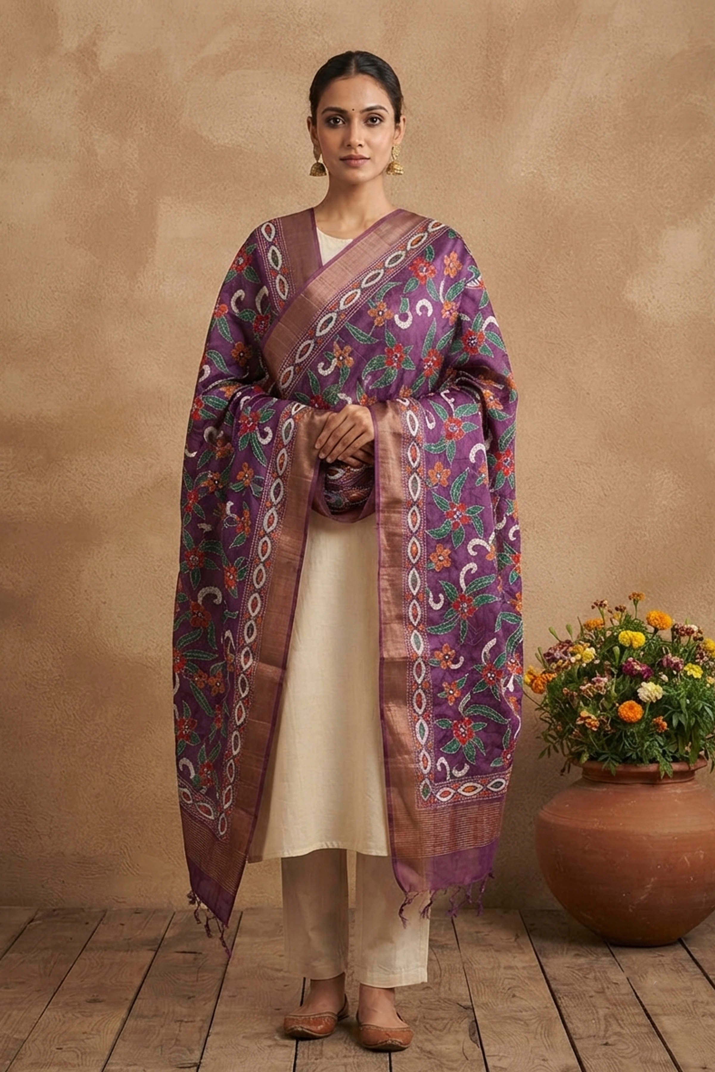 Zari Border Pure Tussar Kantha Stitch Dupatta SN26KD01