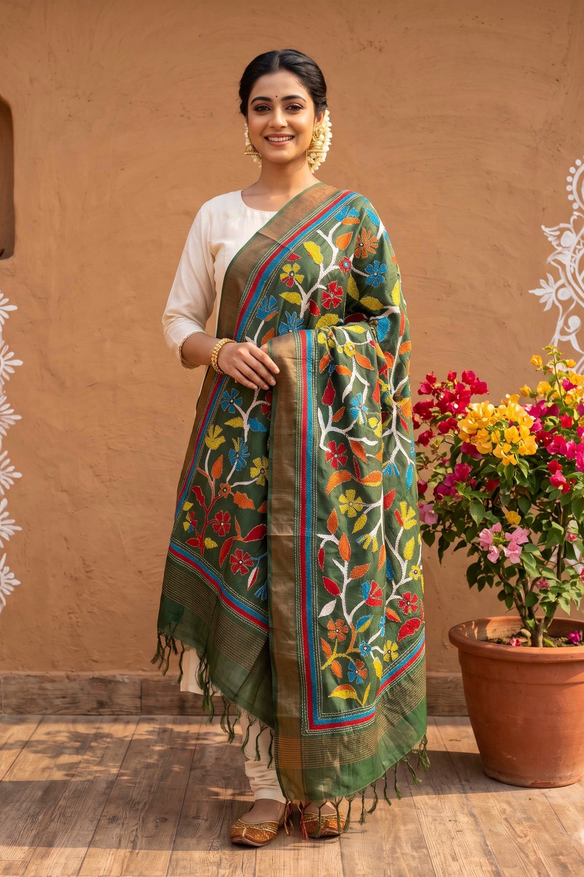 Pure Tussar Kantha Stitch Dupatta SN26KD82