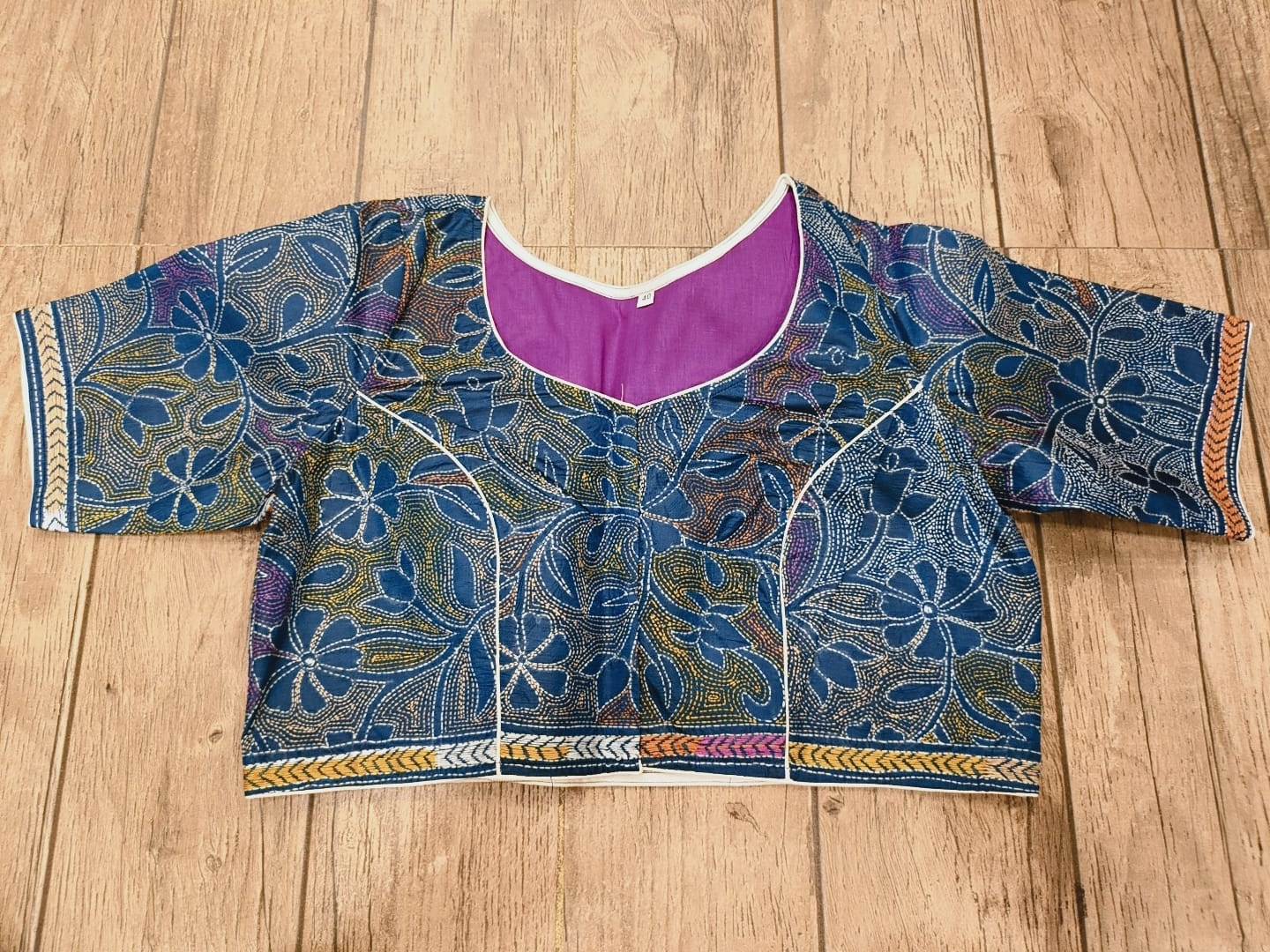 Denim Pure Bangalore Silk Kantha Stitch Blouse SN26WP084