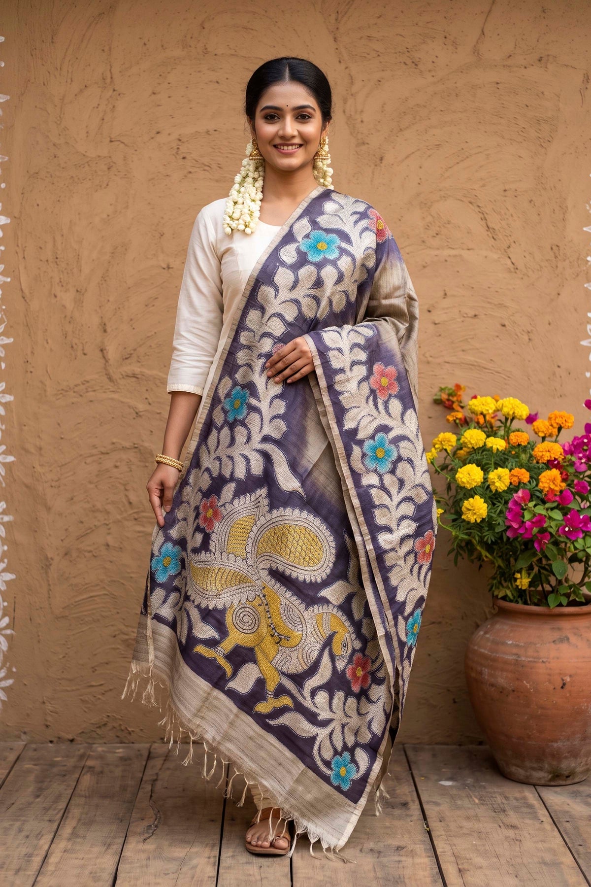 Pure Tussar Kantha Stitch Dupatta SN26KD93