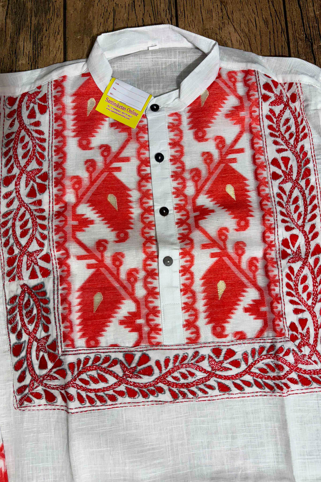 White Color Cotton with Red Jamdani and Kantha Patch Work Panjabi
