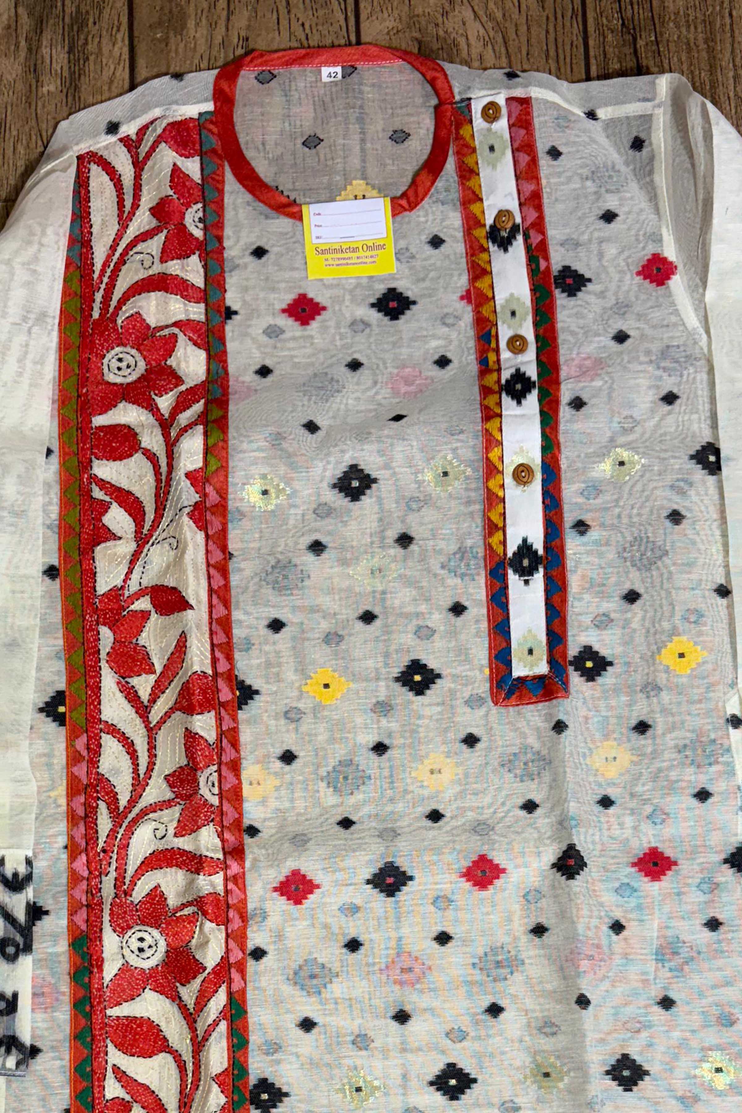 White Color Jamdani And Kantha Patch Work Panjabi