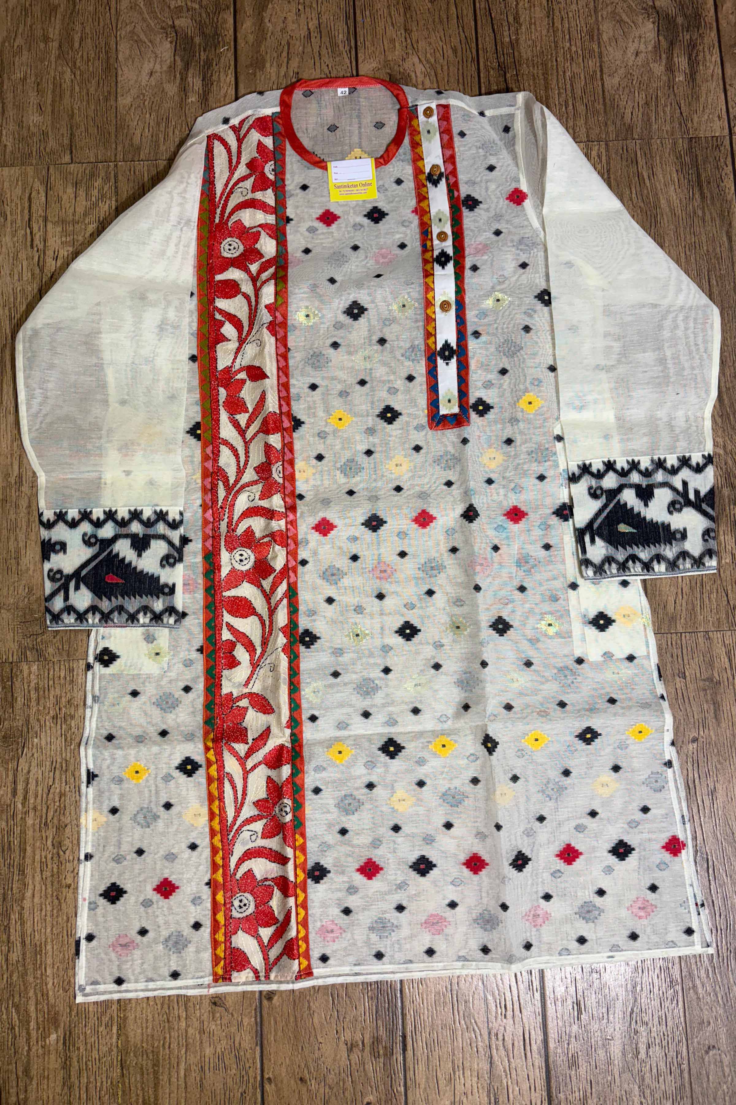 White Color Jamdani And Kantha Patch Work Panjabi