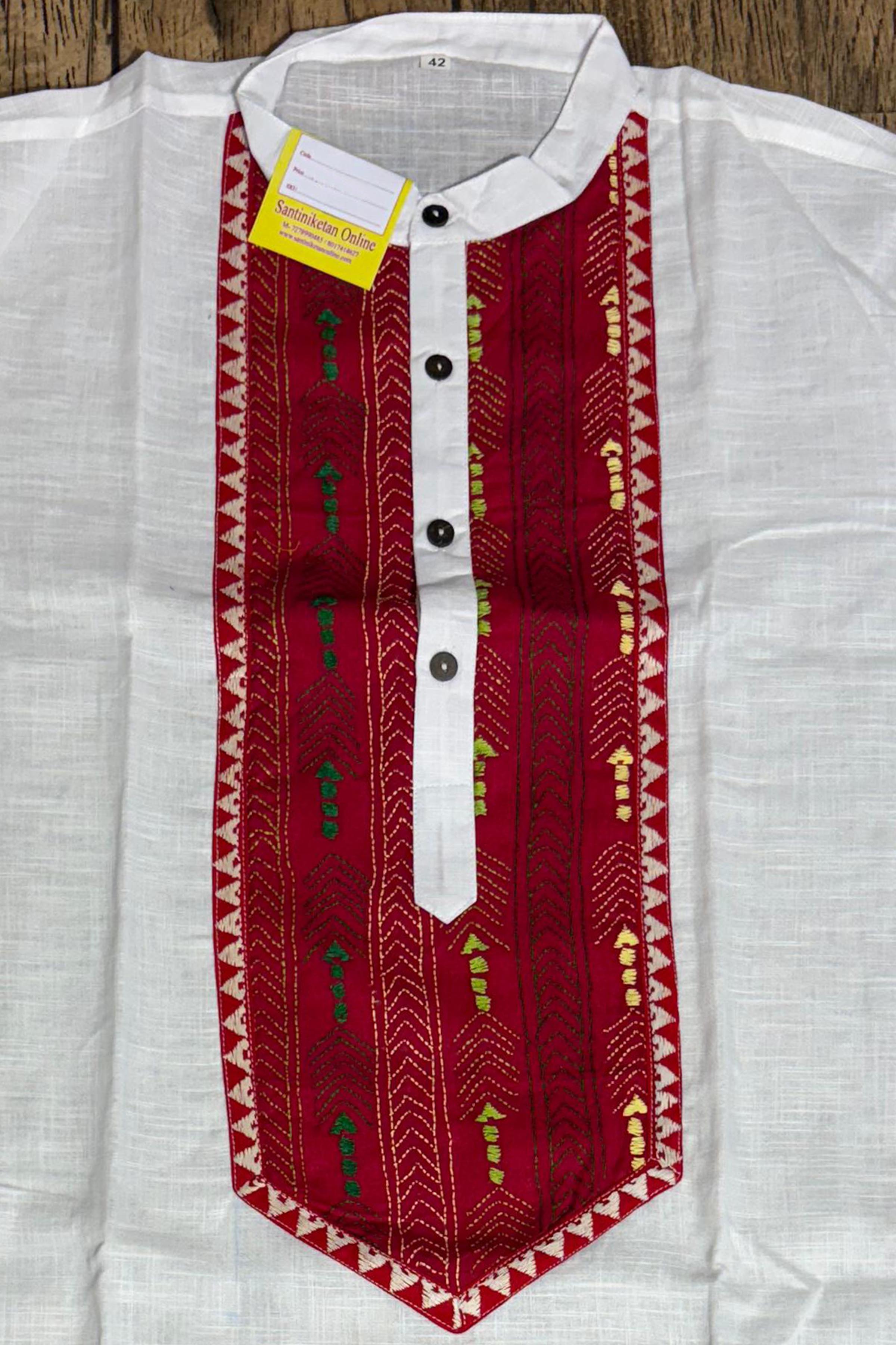White Color Cotton with Multicolor Thread Kantha Patch Work Panjabi