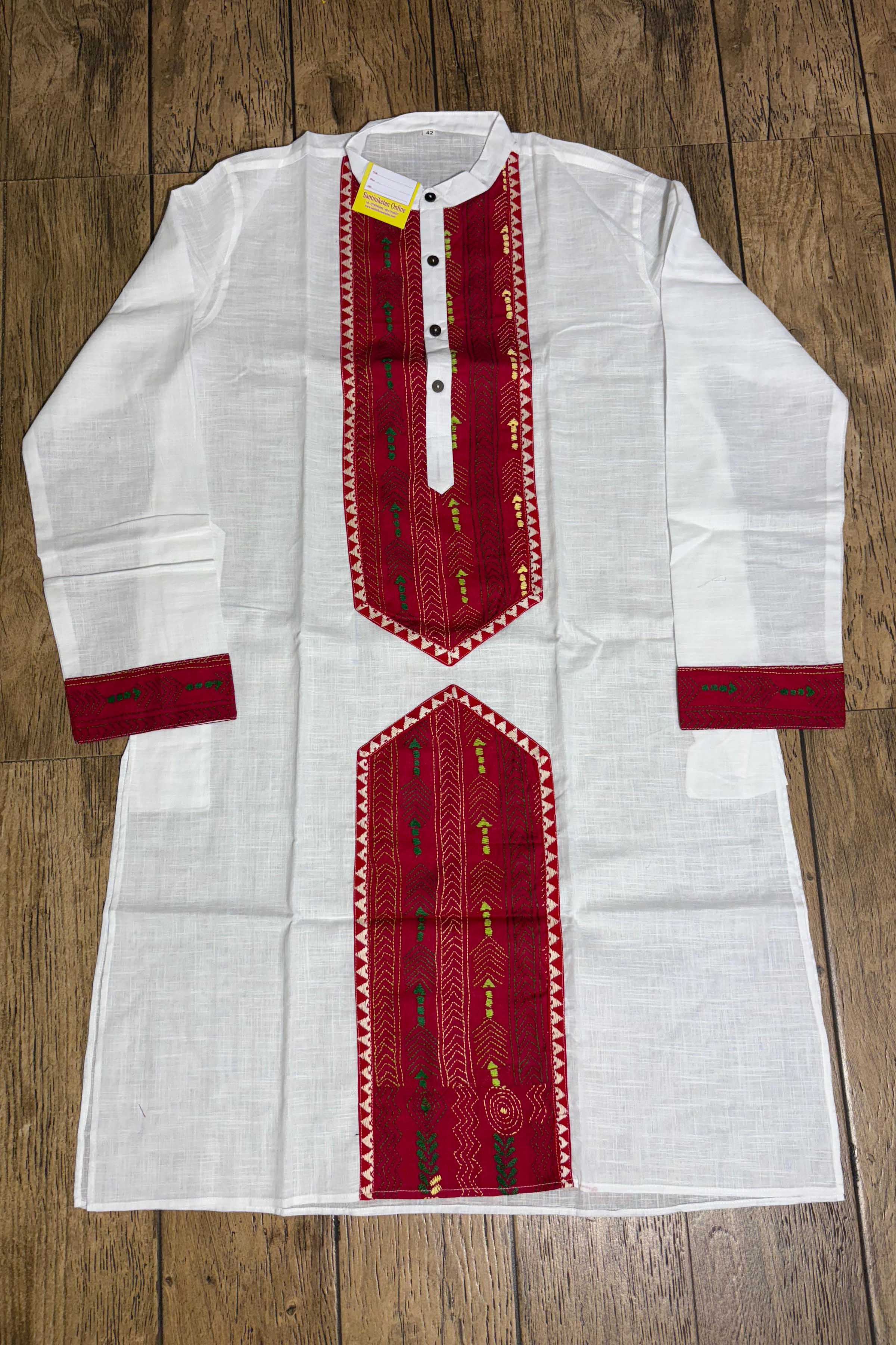 White Color Cotton with Multicolor Thread Kantha Patch Work Panjabi