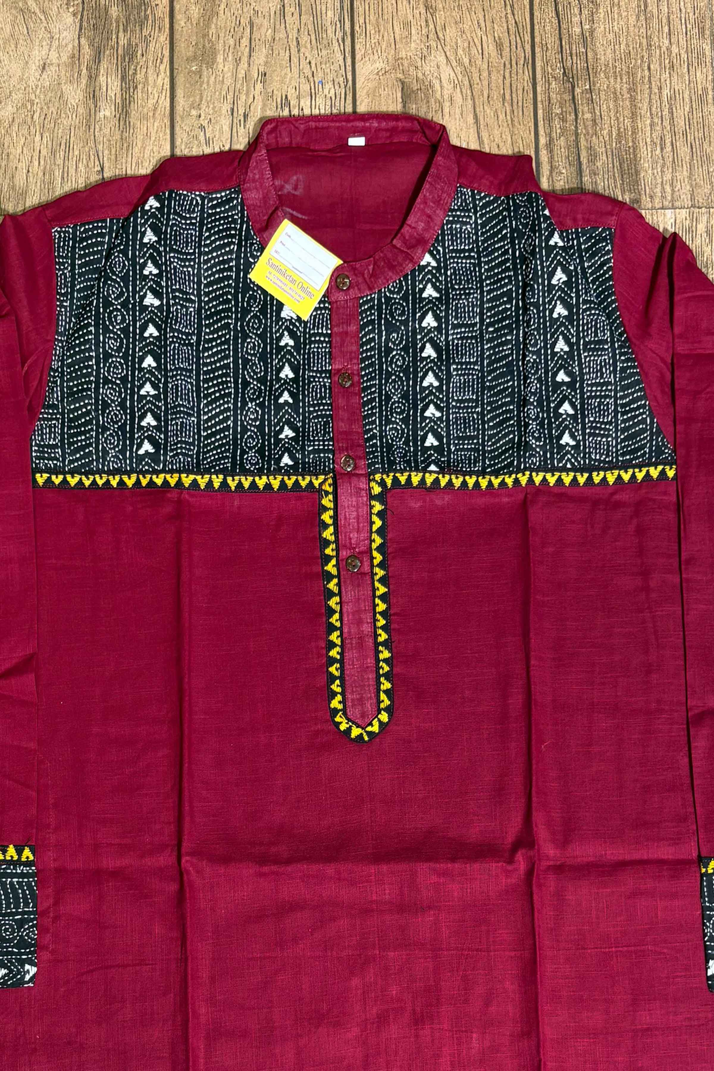 Maroon Color Cotton with Multicolor Thread Black Kantha Patch Work Panjabi