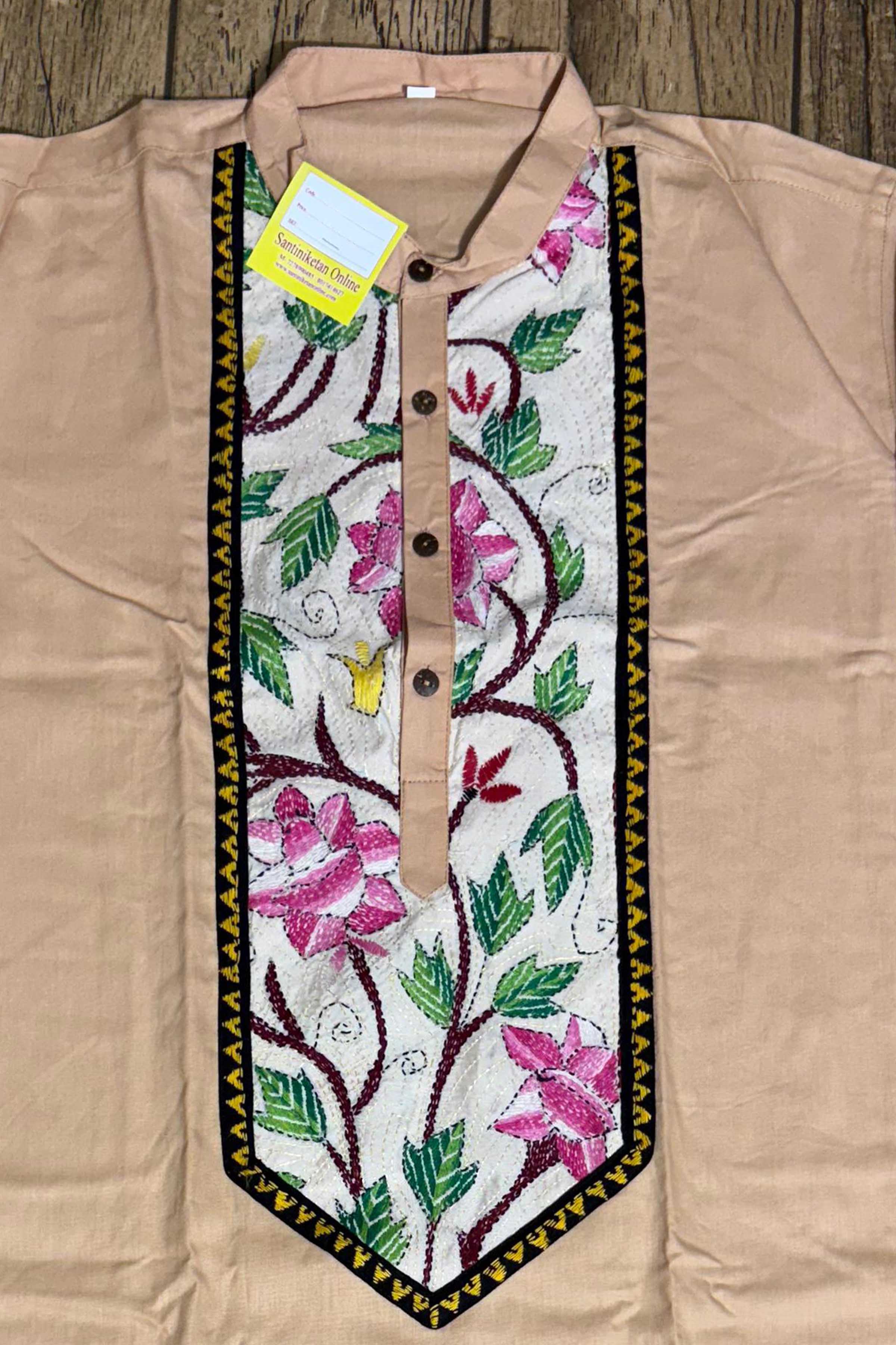 Beige Cream Color Cotton with Multicolor Thread Kantha Patch Work Panjabi