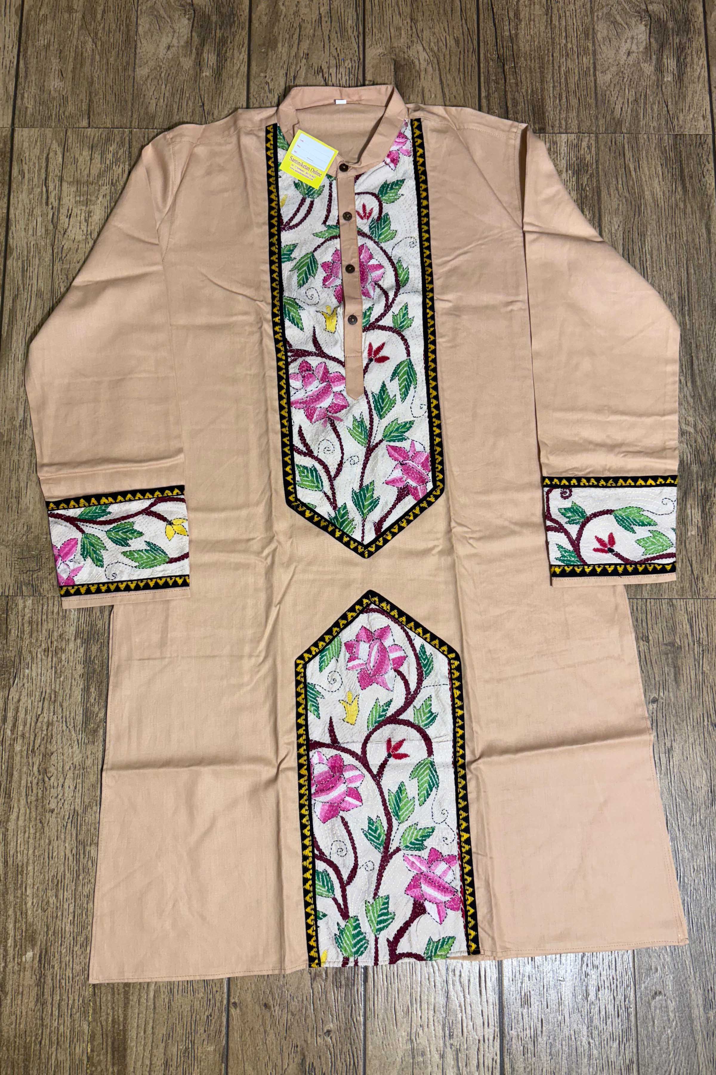 Beige Cream Color Cotton with Multicolor Thread Kantha Patch Work Panjabi