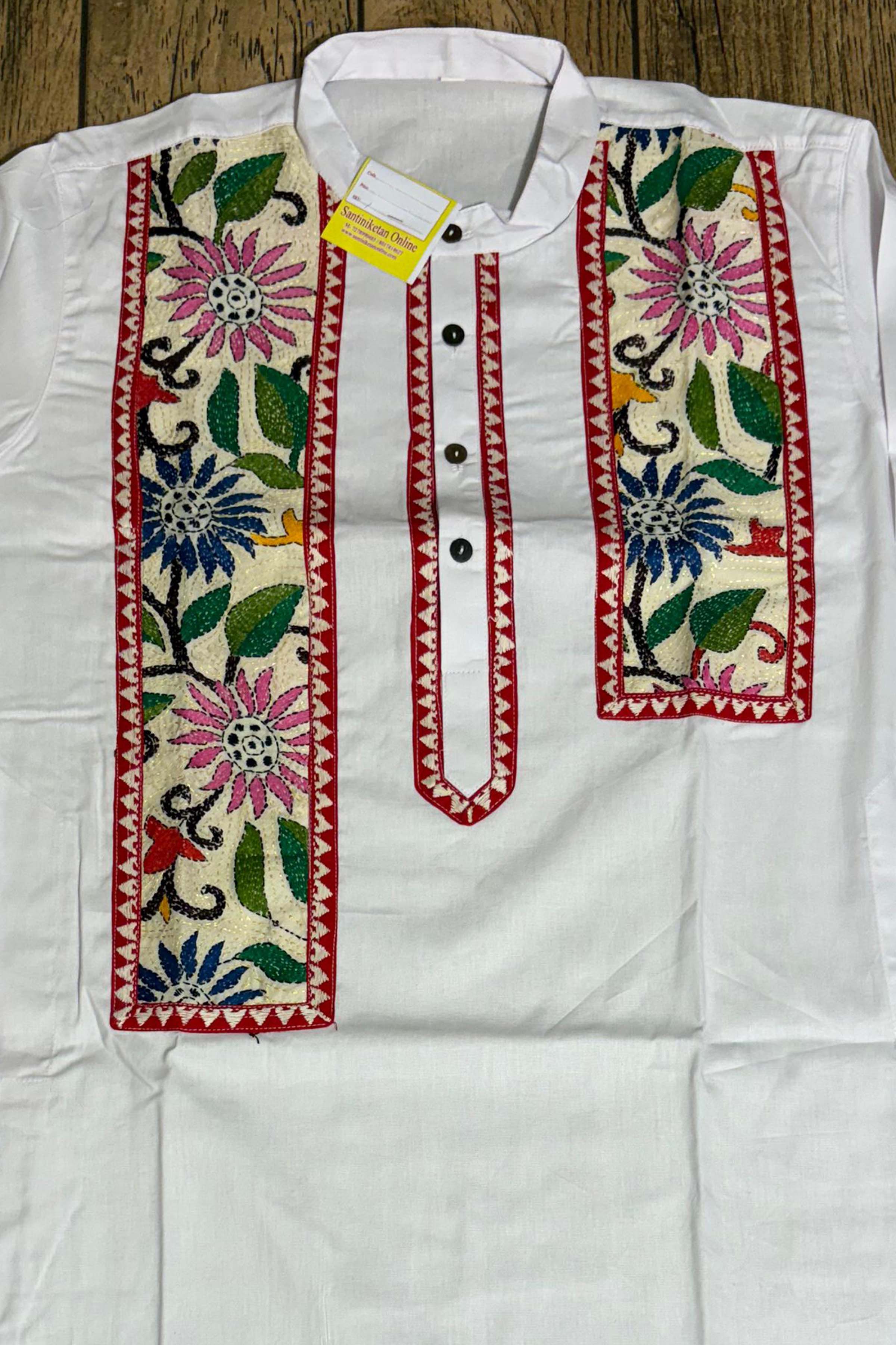 White Color Cotton with Multicolor Thread Kantha Patch Work Panjabi