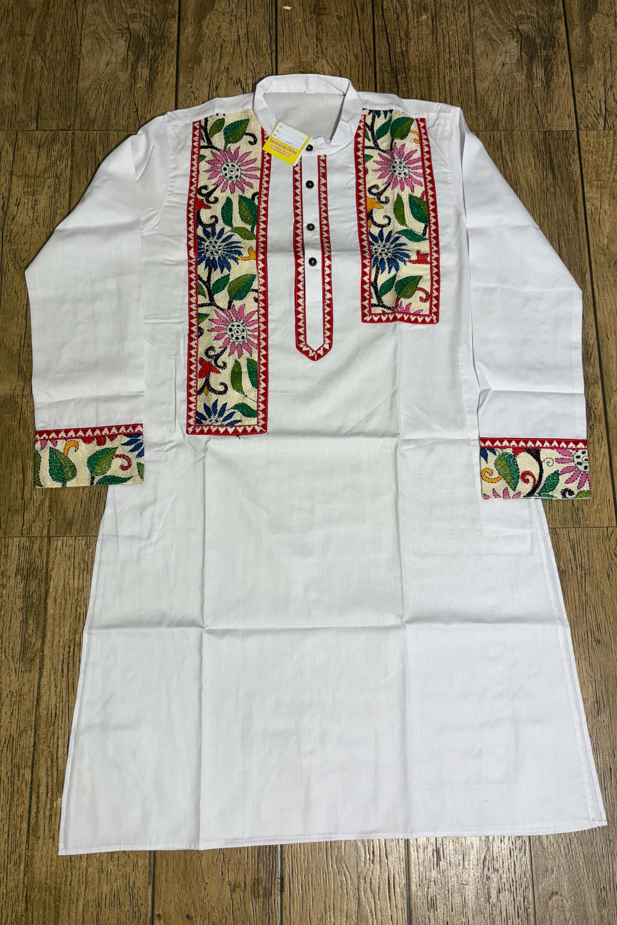 White Color Cotton with Multicolor Thread Kantha Patch Work Panjabi