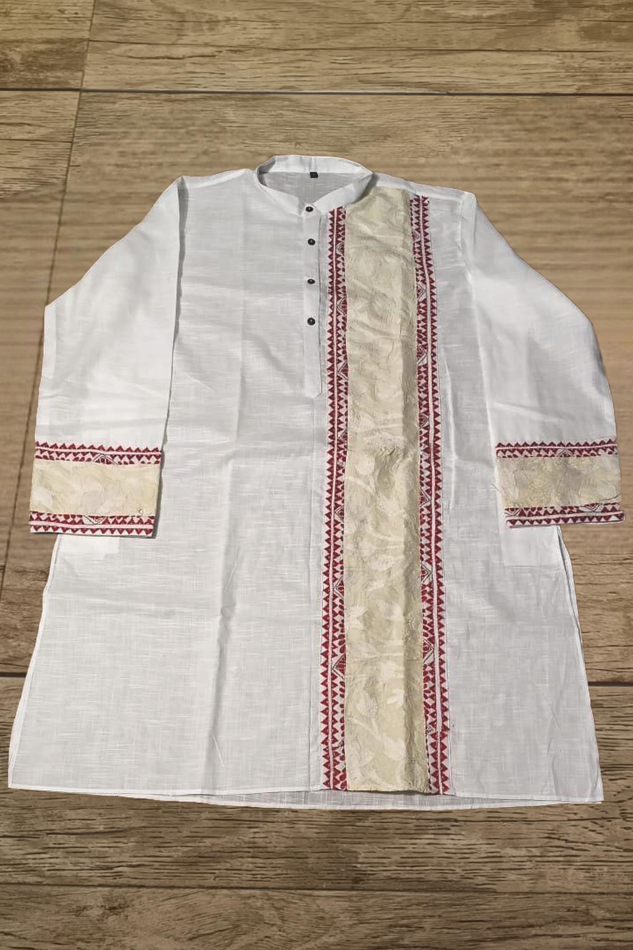 White Color Cotton with Tricolor Thread Kantha Patch Work Panjabi