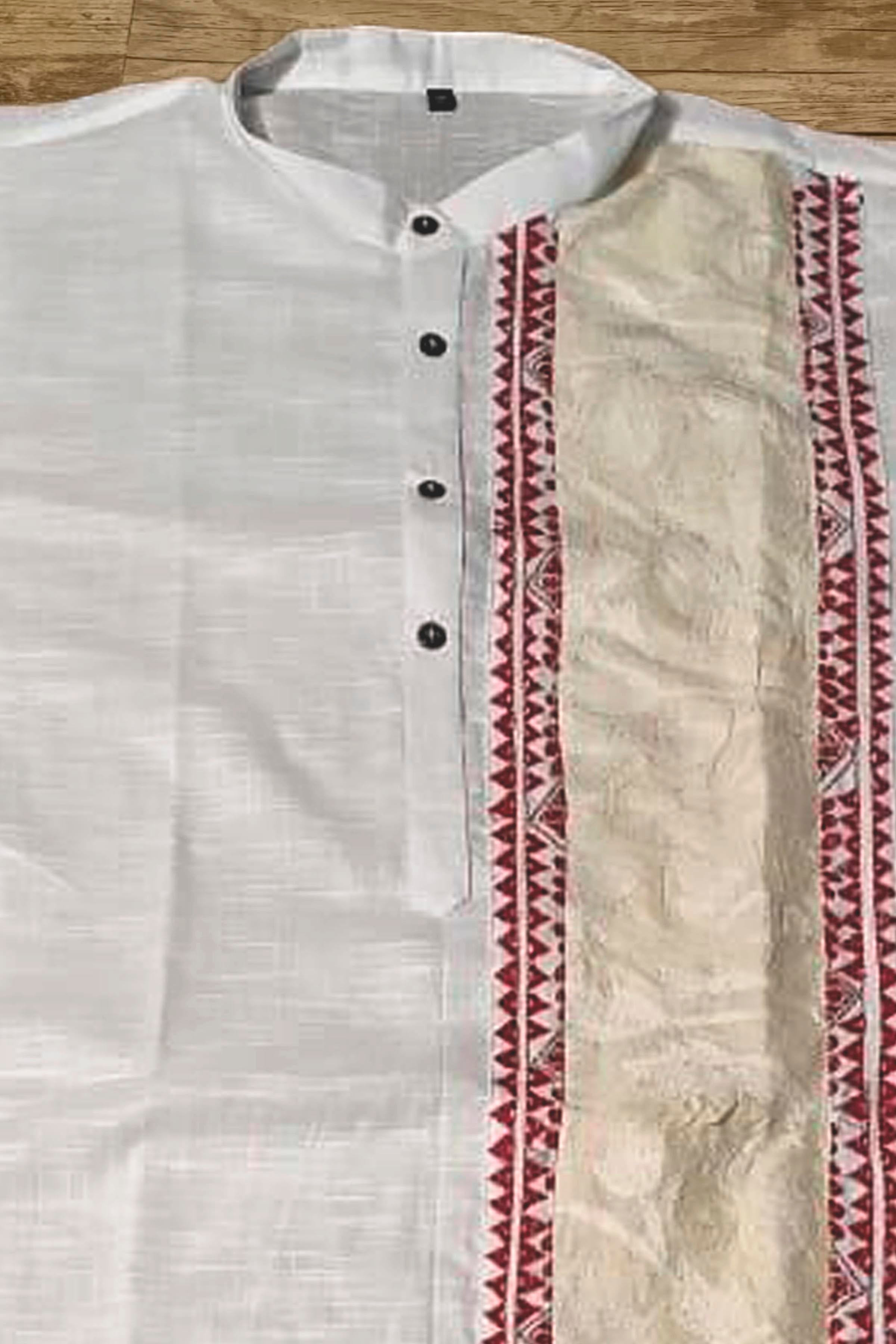 White Color Cotton with Tricolor Thread Kantha Patch Work Panjabi