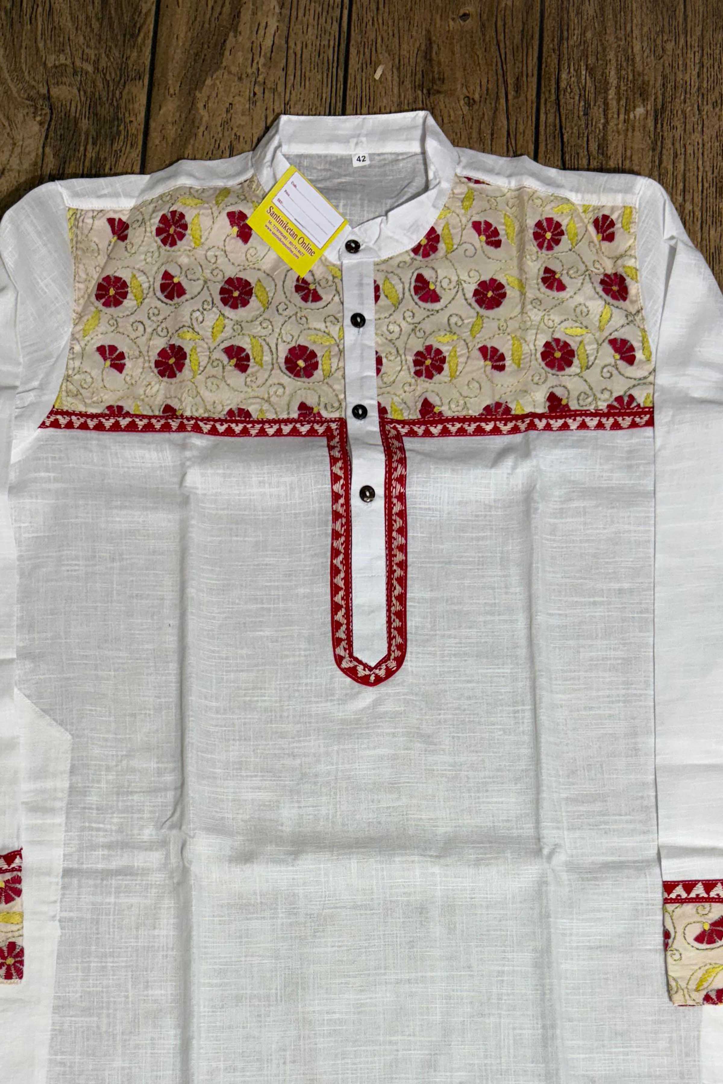 White Color Cotton with Tricolor Thread Kantha Patch Work Panjabi