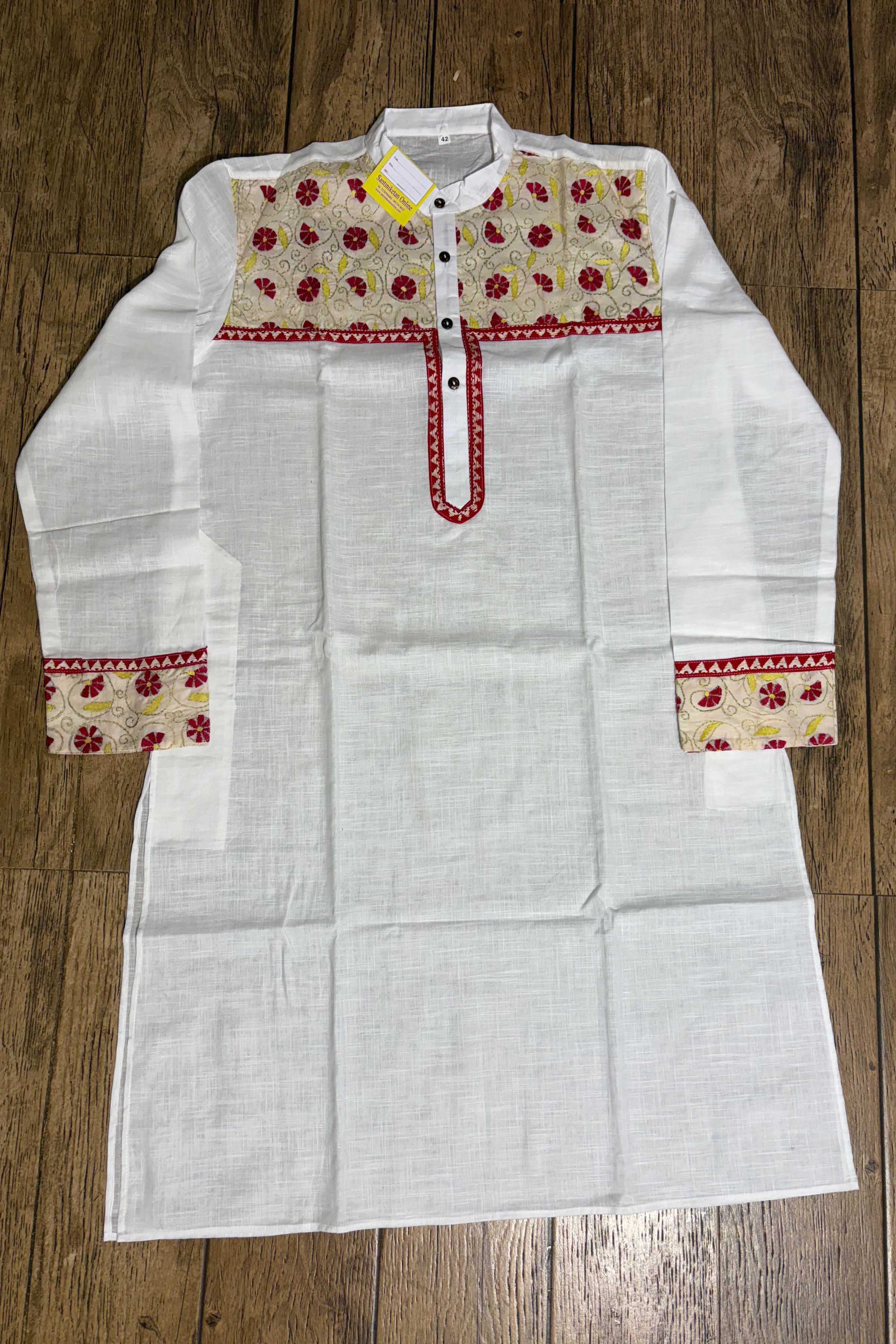 White Color Cotton with Tricolor Thread Kantha Patch Work Panjabi