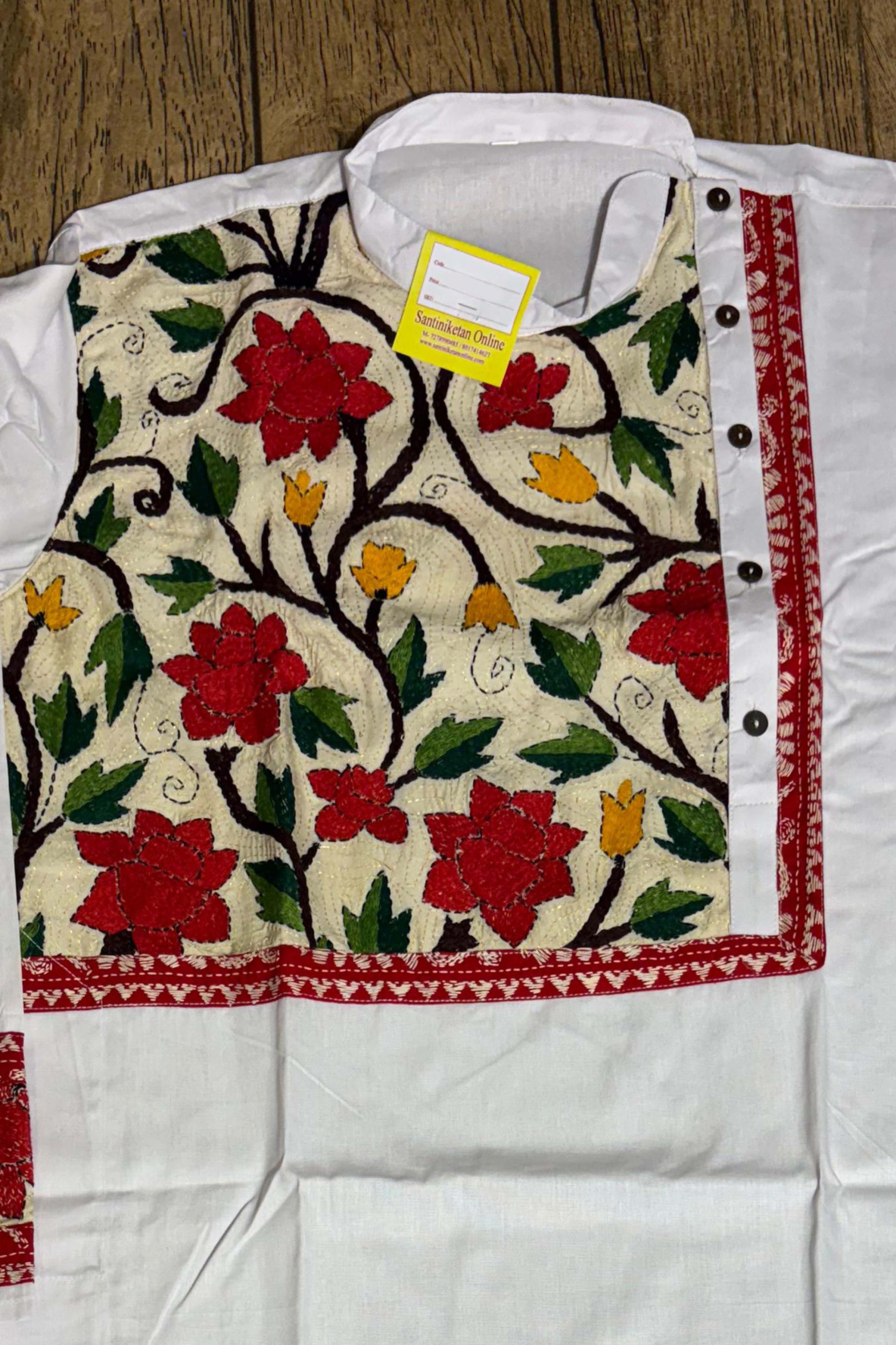 White Color Cotton with Multicolor Thread Kantha Patch Work Panjabi