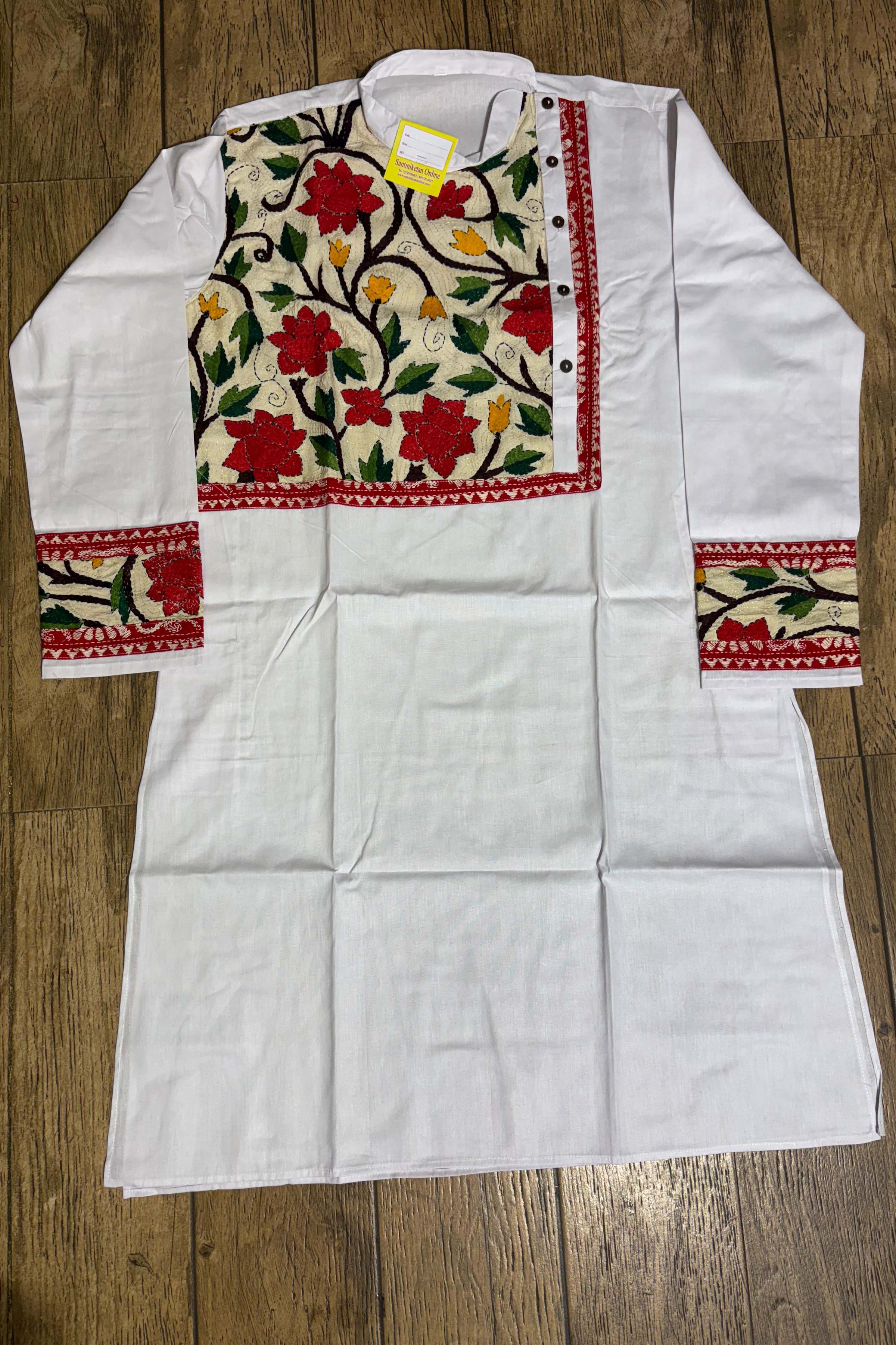 White Color Cotton with Multicolor Thread Kantha Patch Work Panjabi
