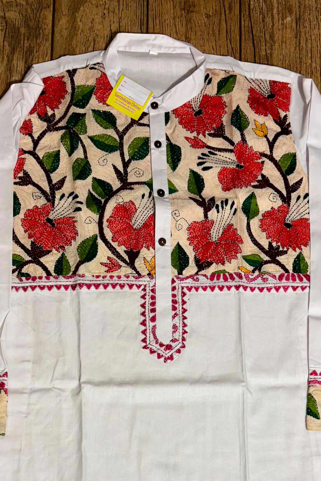 White Color Cotton with Multicolor Thread Kantha Patch Work Panjabi