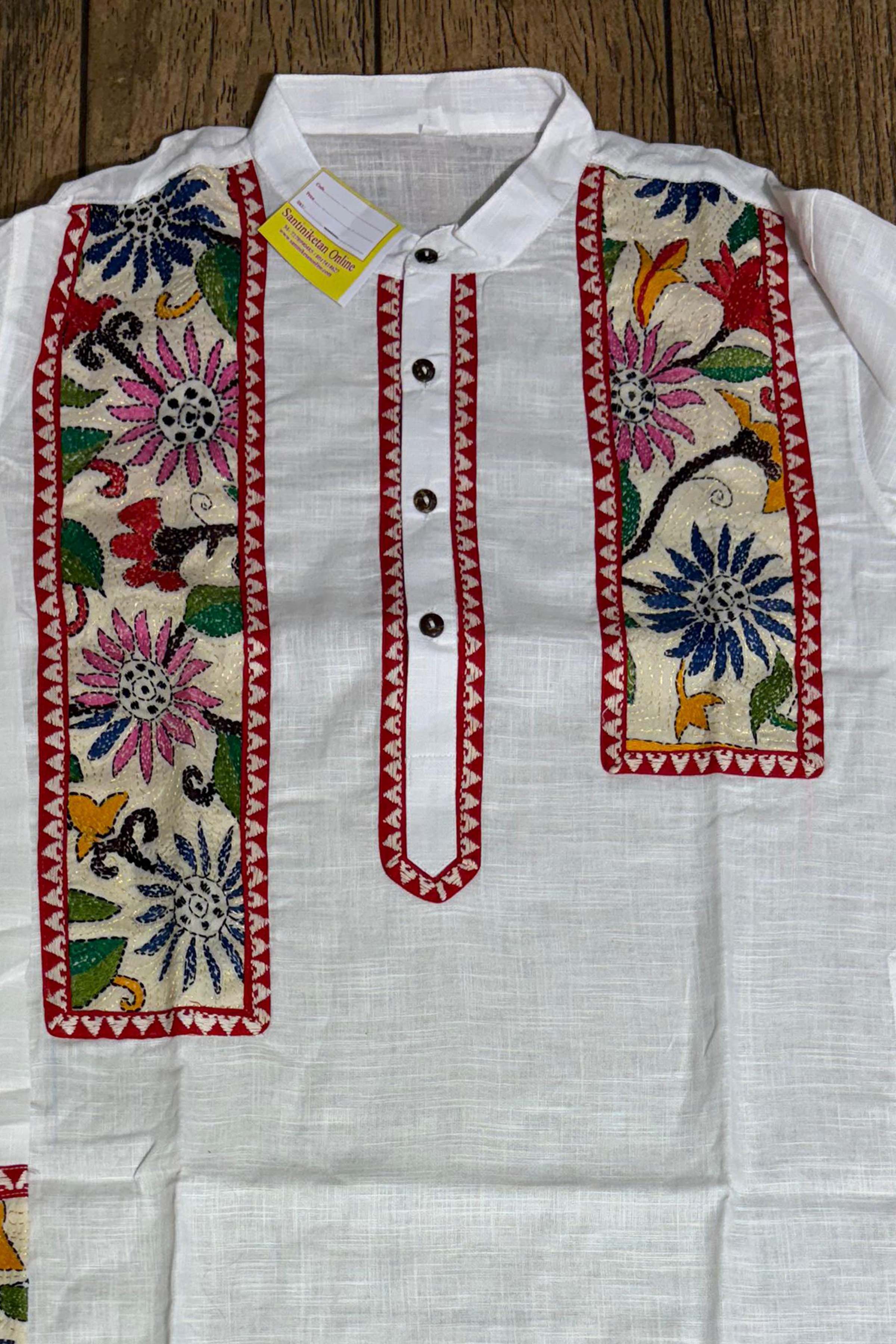 White Color Cotton with Multicolor Thread Kantha Patch Work Panjabi