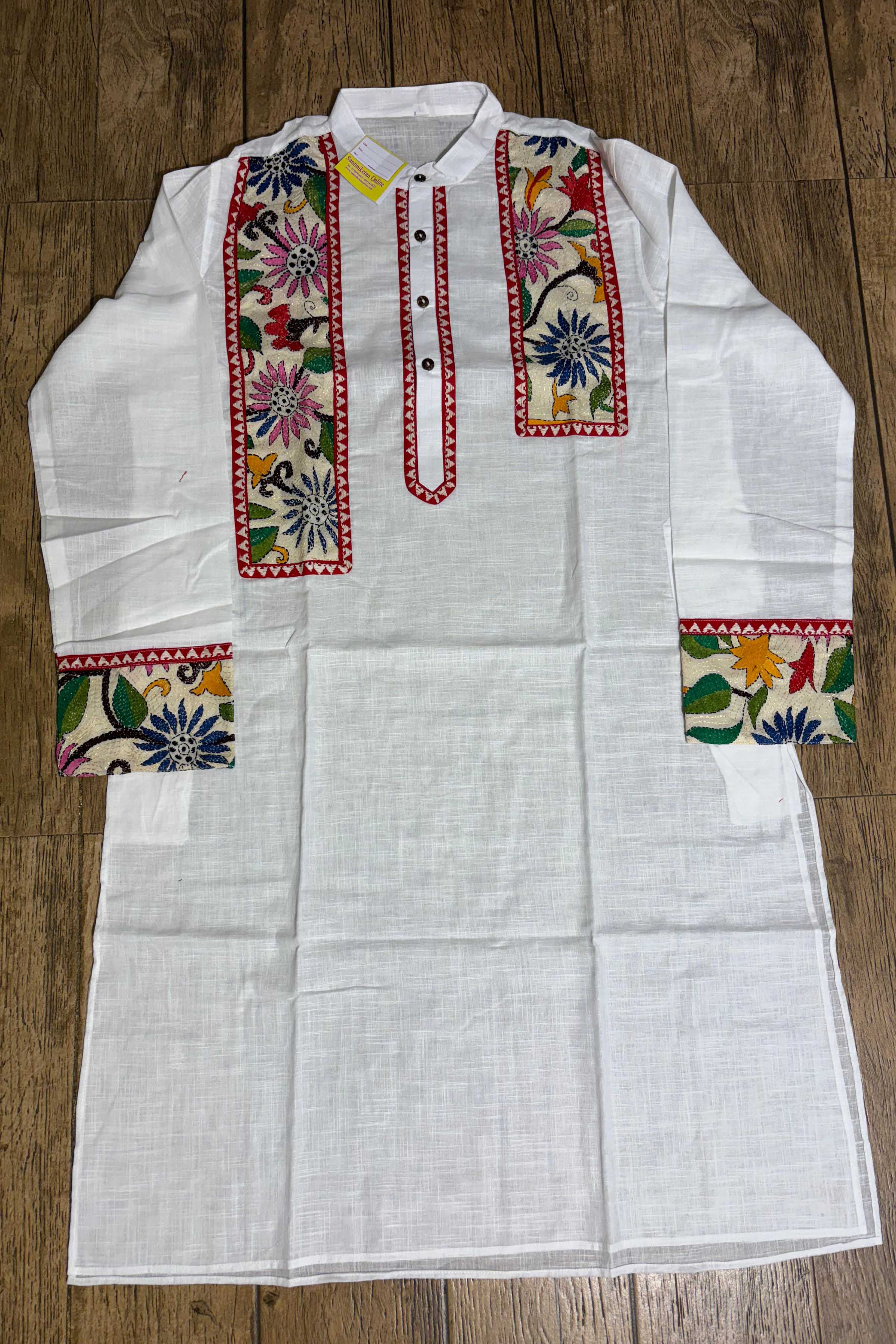 White Color Cotton with Multicolor Thread Kantha Patch Work Panjabi