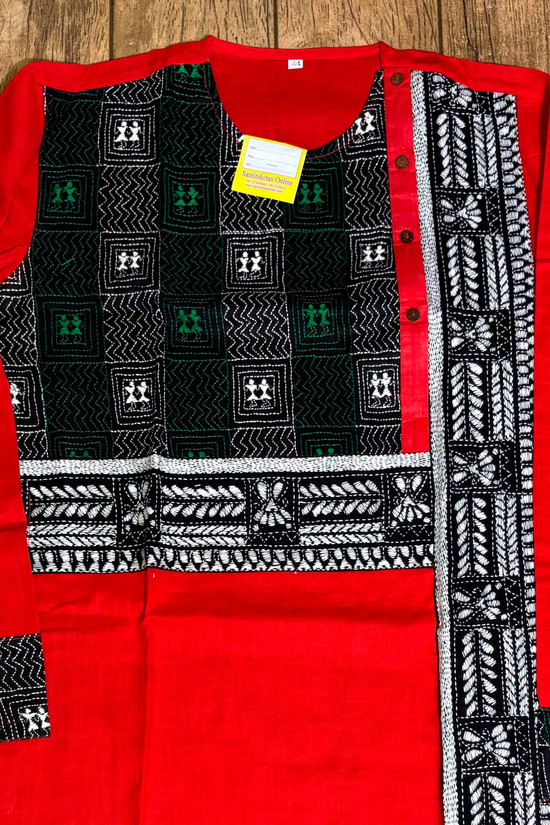 Red Color Cotton with Tricolor Thread Kantha Patch Work Panjabi