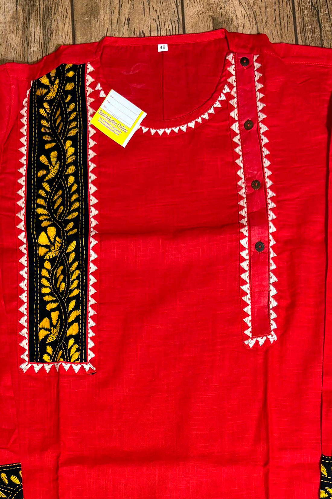 Red Color Cotton with Multicolor Thread Kantha Patch Work Panjabi
