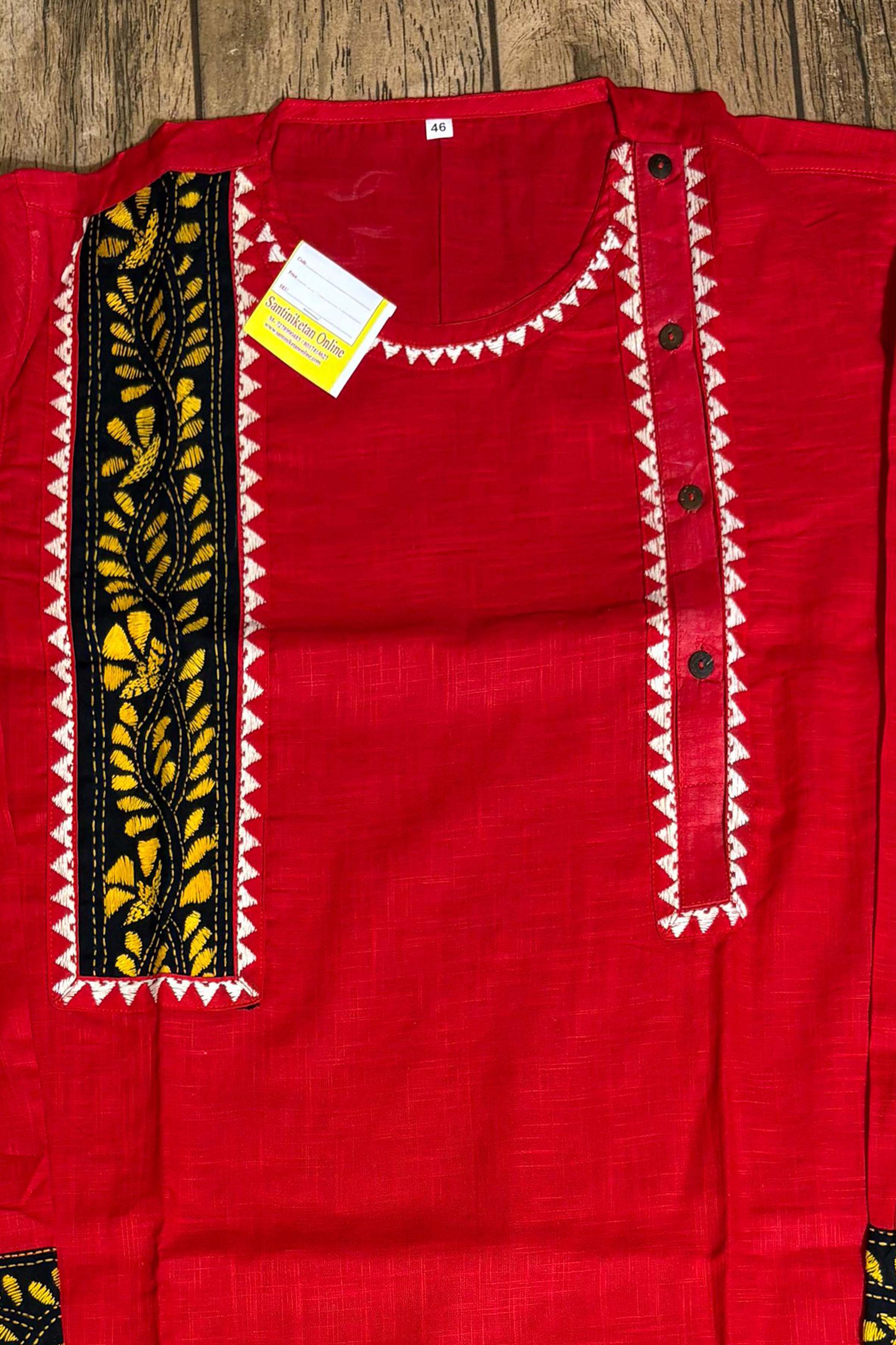 Red Color Cotton with Multicolor Thread Kantha Patch Work Panjabi