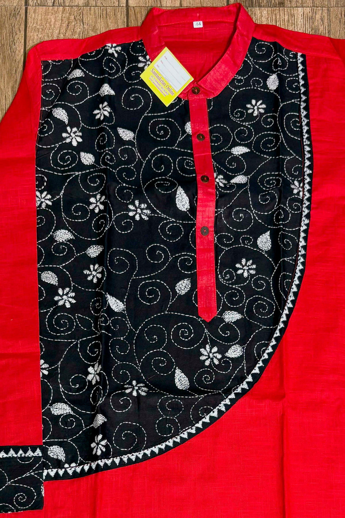 Red Color Cotton with White Color Thread Black Kantha Patch Work Panjabi
