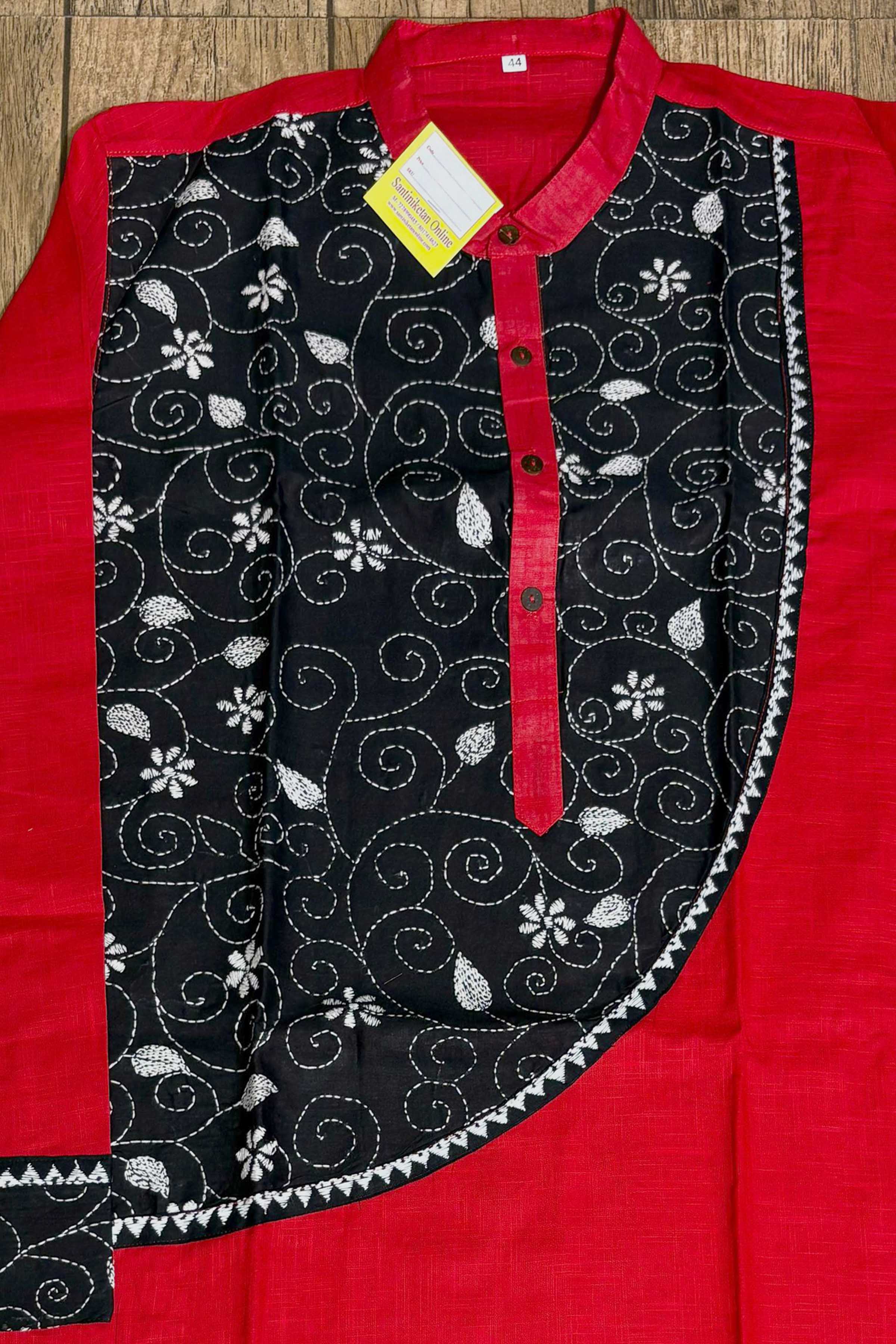 Red Color Cotton with White Color Thread Black Kantha Patch Work Panjabi