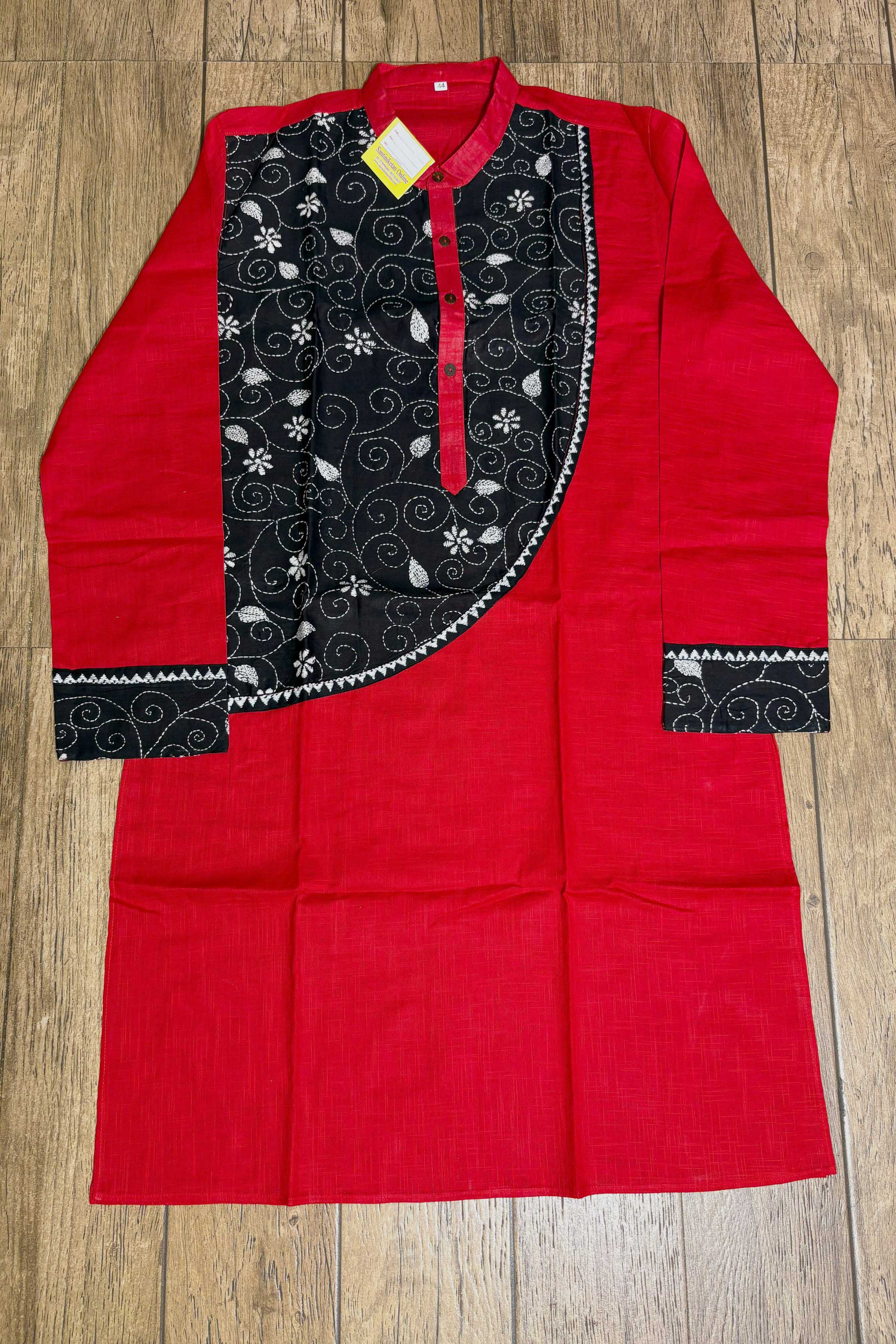 Red Color Cotton with White Color Thread Black Kantha Patch Work Panjabi