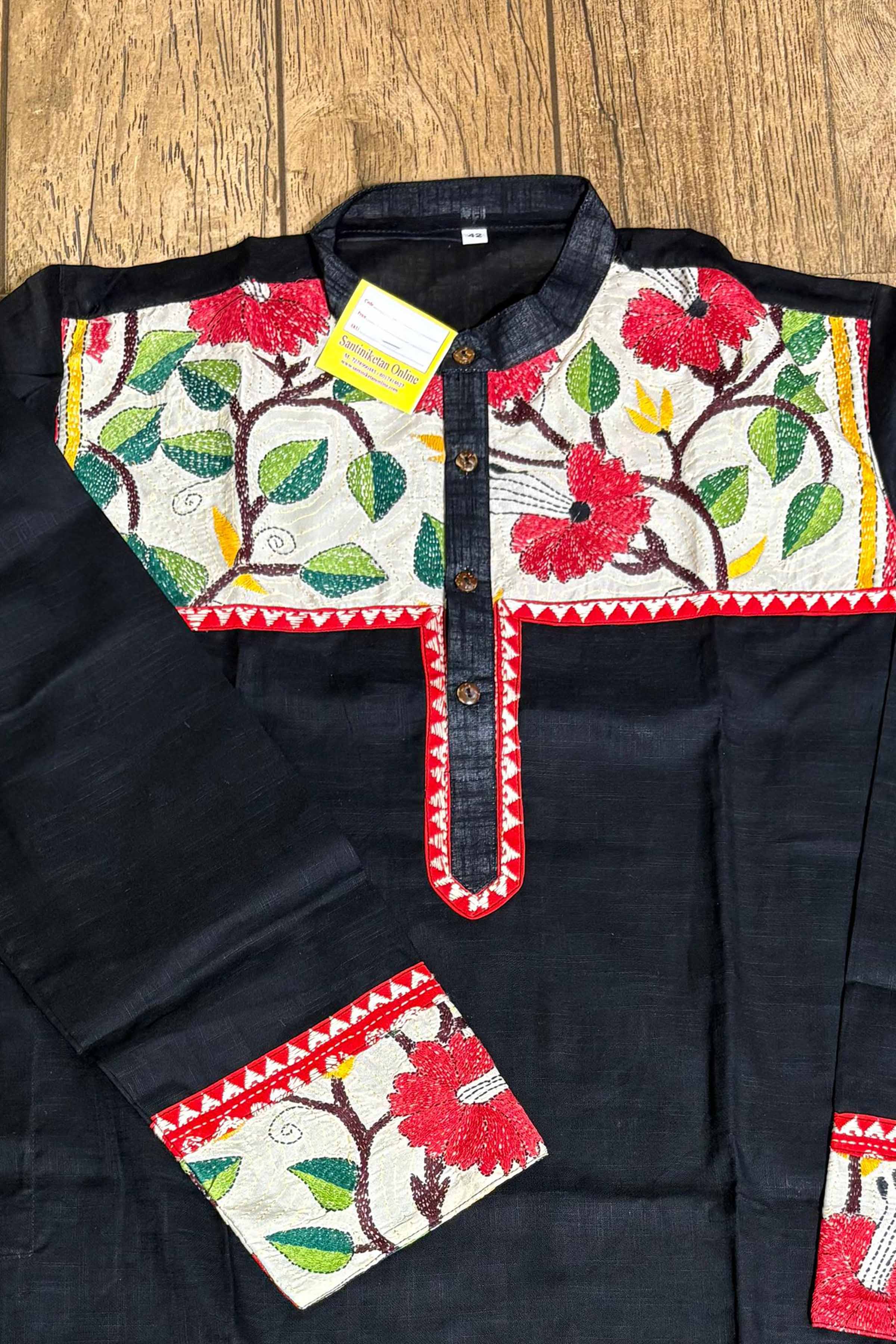 Black Color Cotton with Multicolor Thread Kantha Patch Work Panjabi