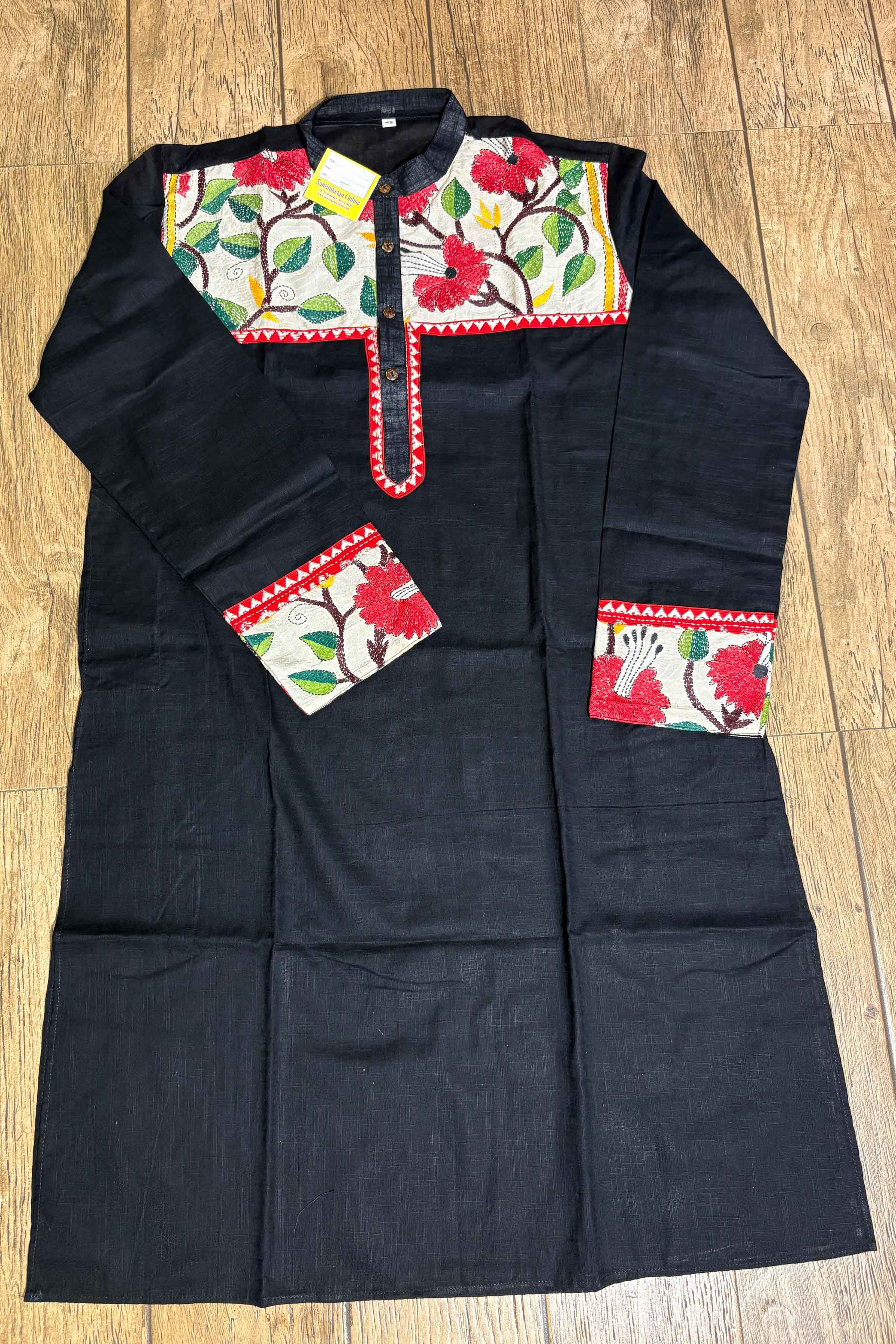 Black Color Cotton with Multicolor Thread Kantha Patch Work Panjabi