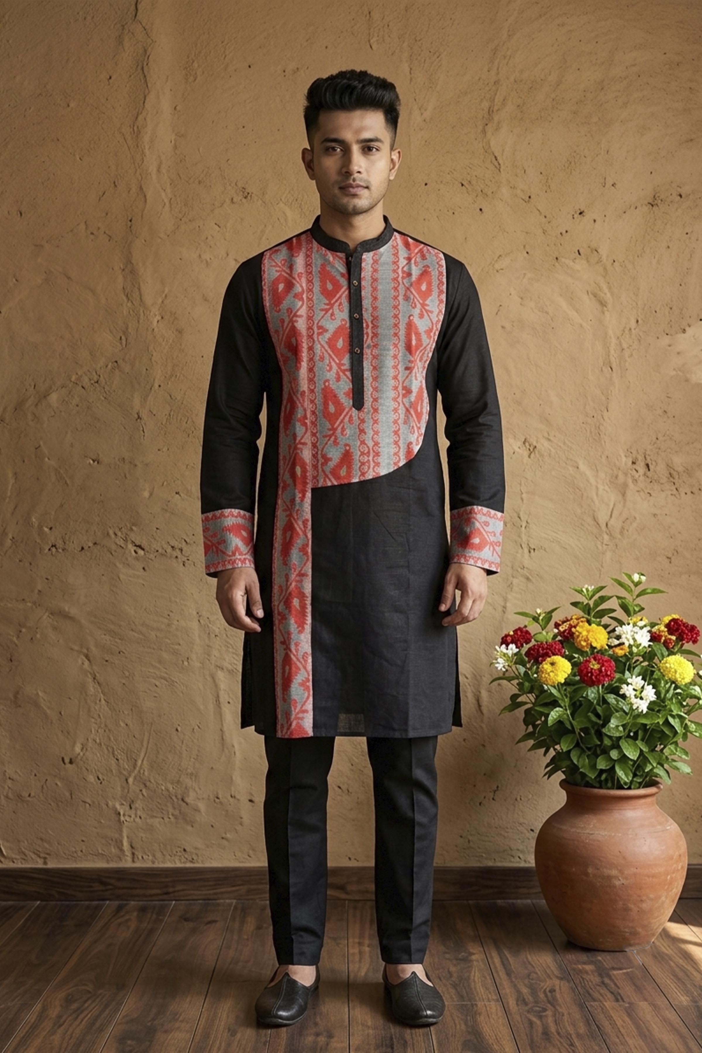 Black Color Cotton with Orange Jamdani Patch Work Panjabi