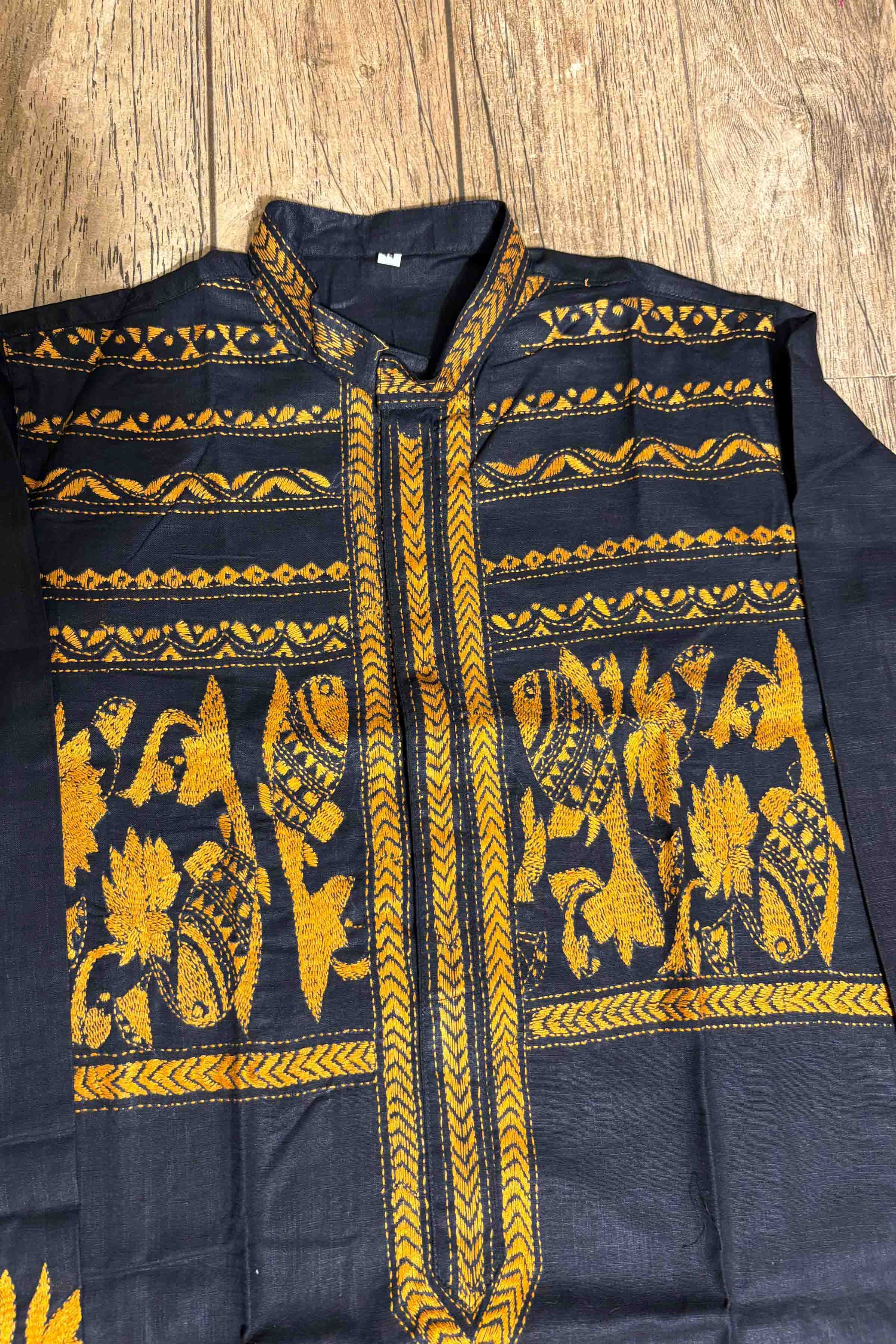 Black Color Cotton with Yellow color Thread Work Kantha Panjabi