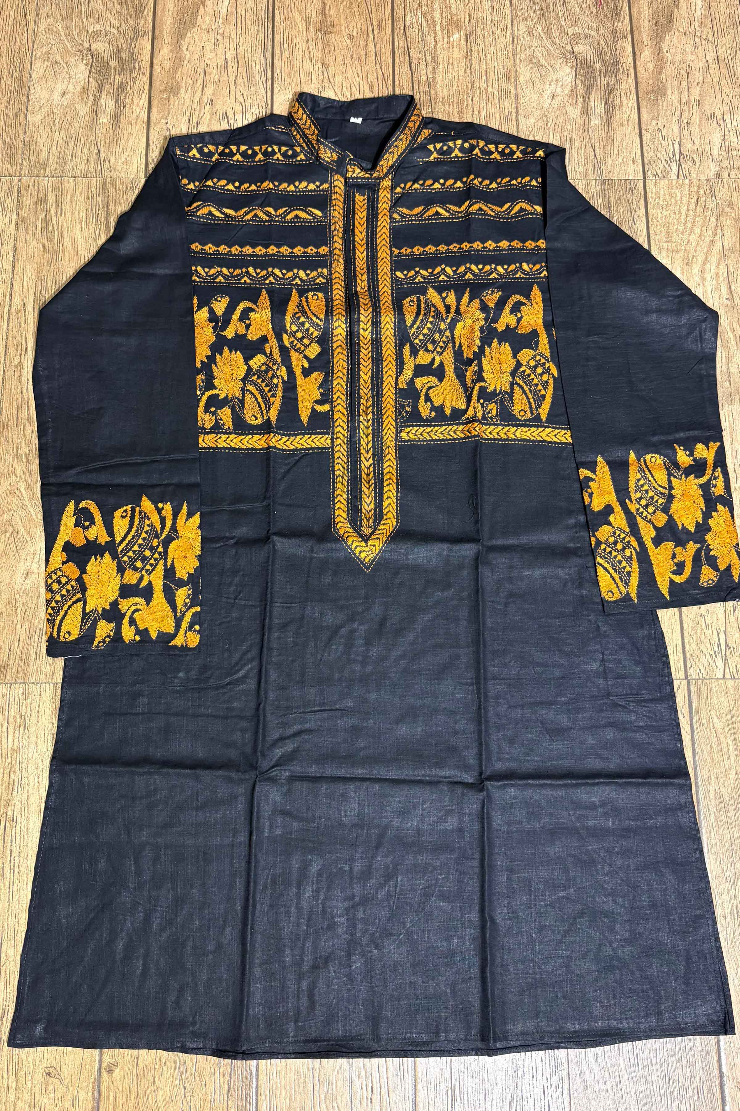 Black Color Cotton with Yellow color Thread Work Kantha Panjabi