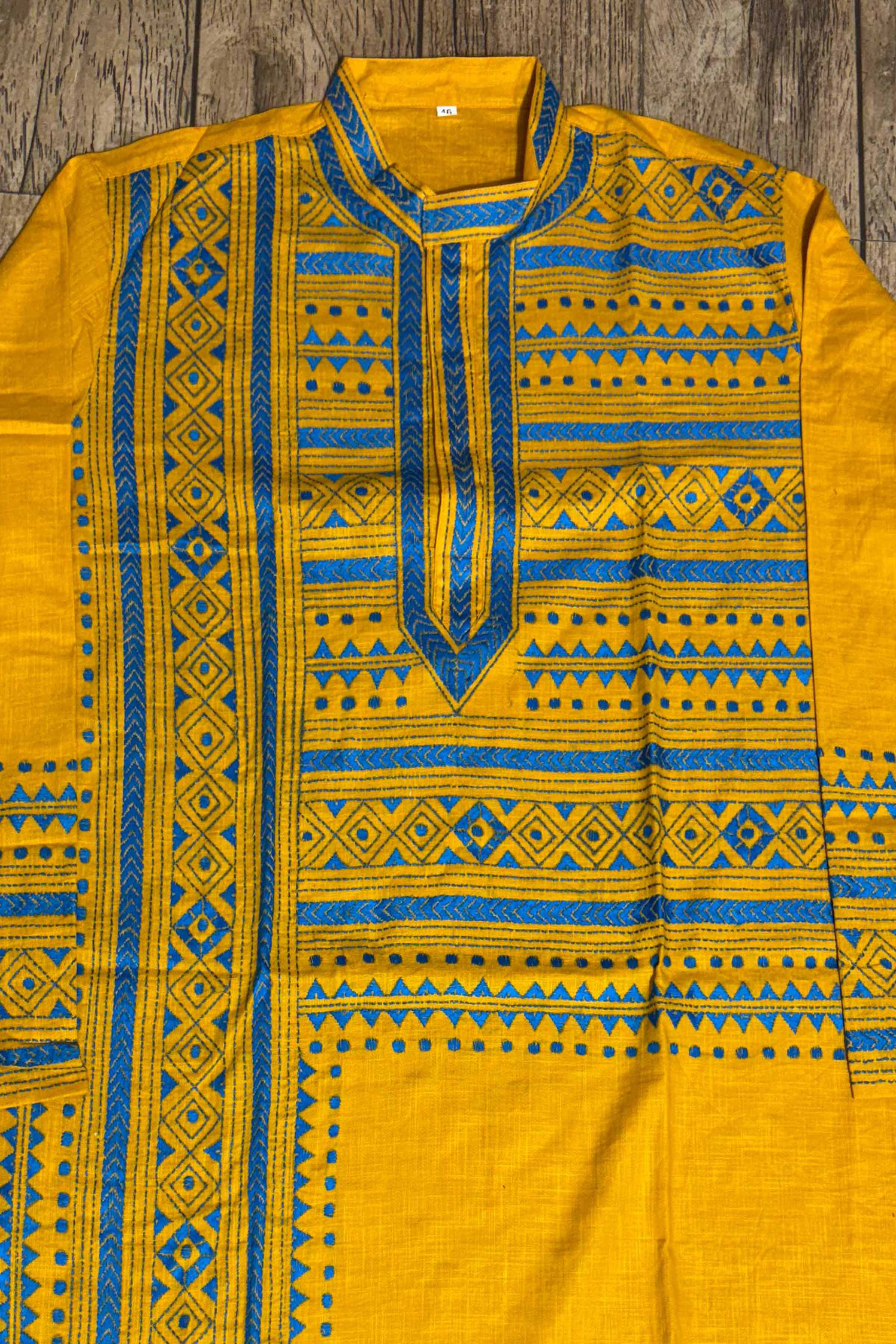 Yellow Color Cotton with Green Color Thread Work Kantha Panjabi