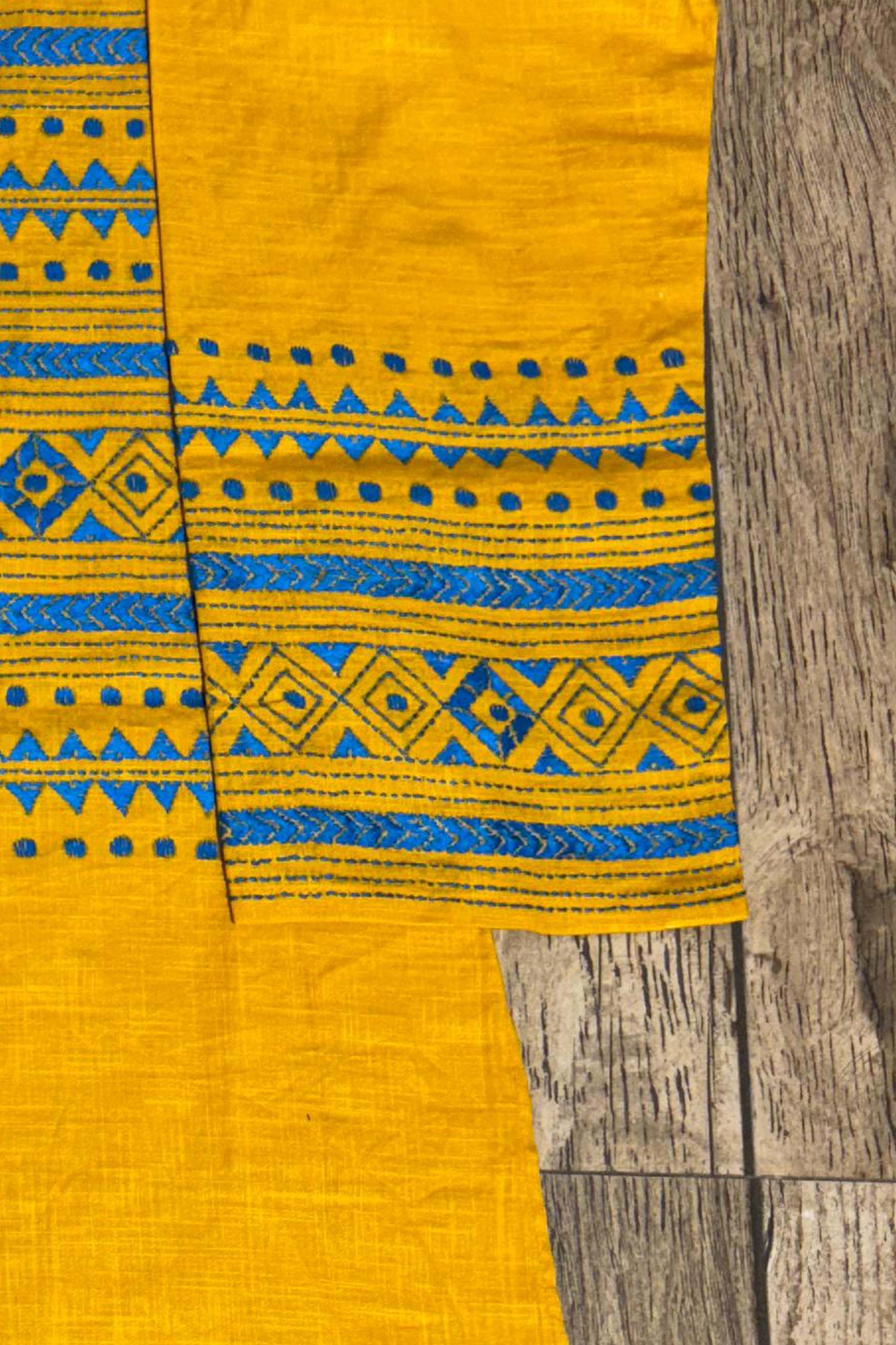 Yellow Color Cotton with Green Color Thread Work Kantha Panjabi