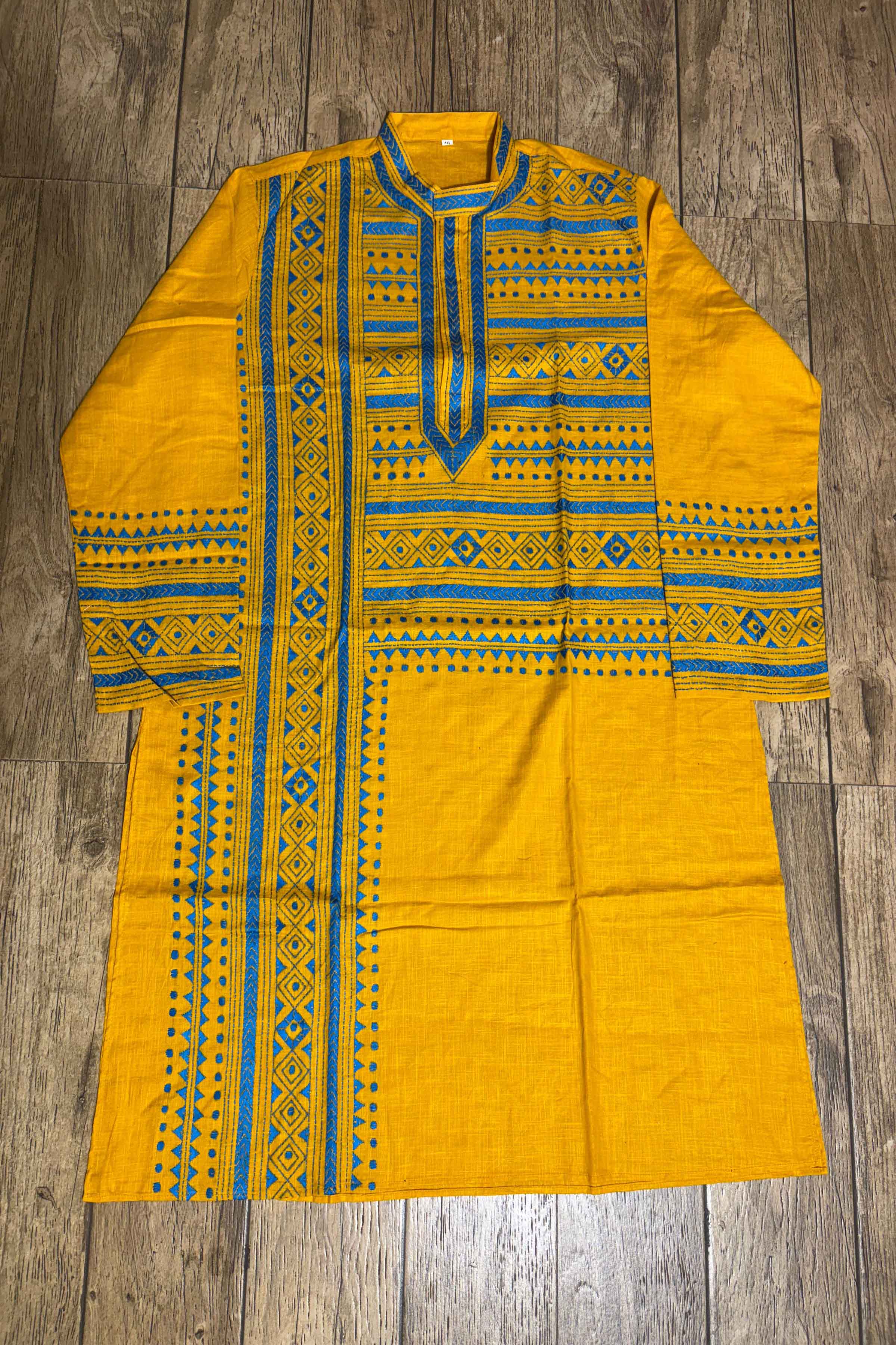 Yellow Color Cotton with Green Color Thread Work Kantha Panjabi