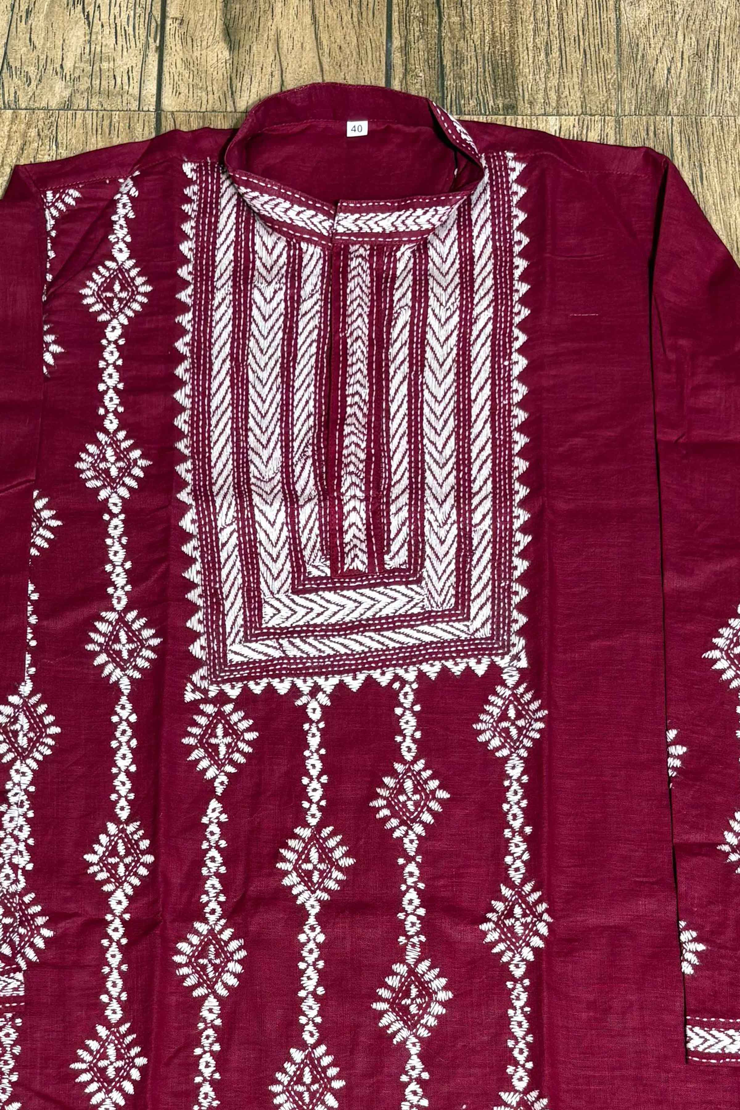 Maroon Color Cotton with White Color Thread Work Kantha Panjabi