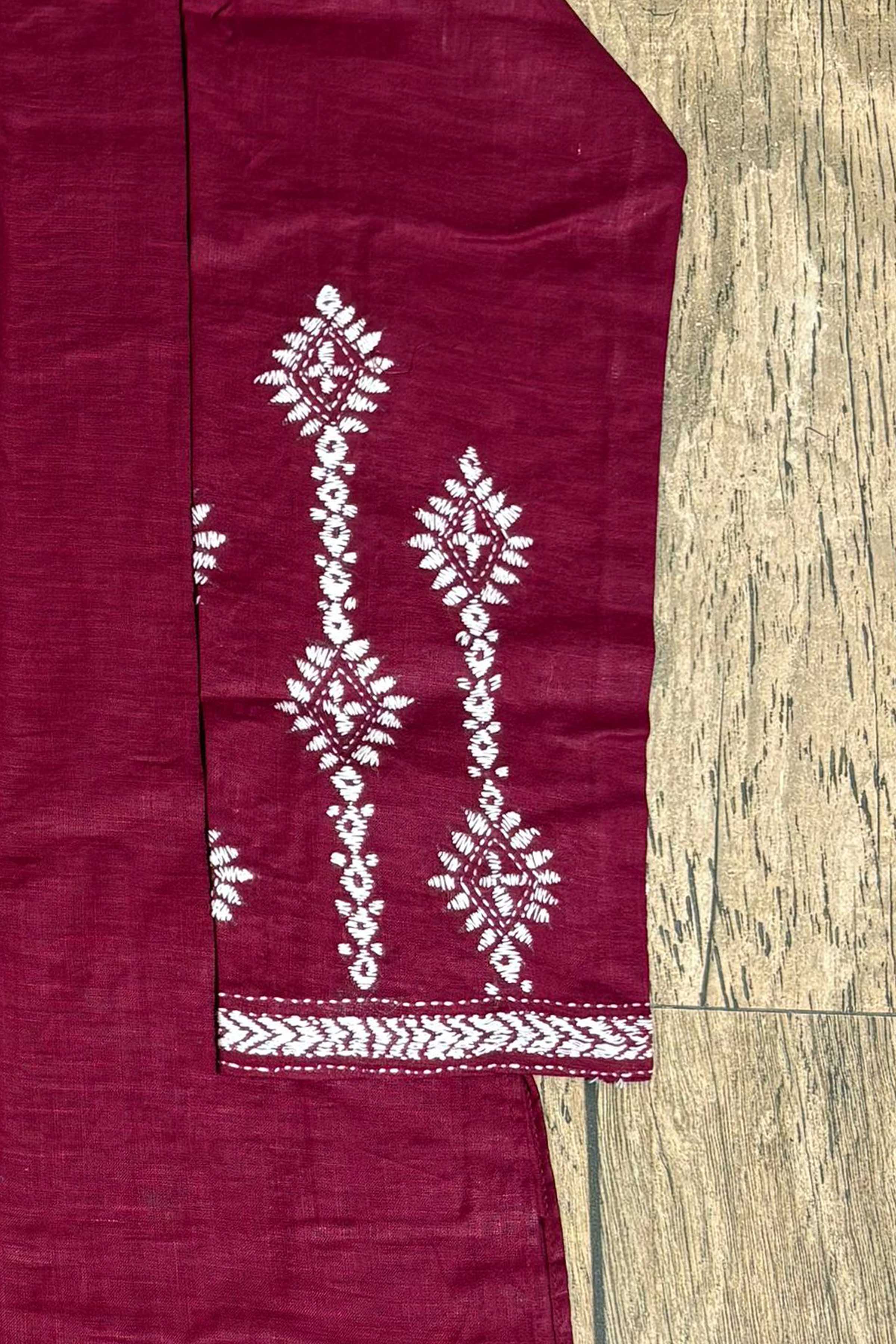 Maroon Color Cotton with White Color Thread Work Kantha Panjabi