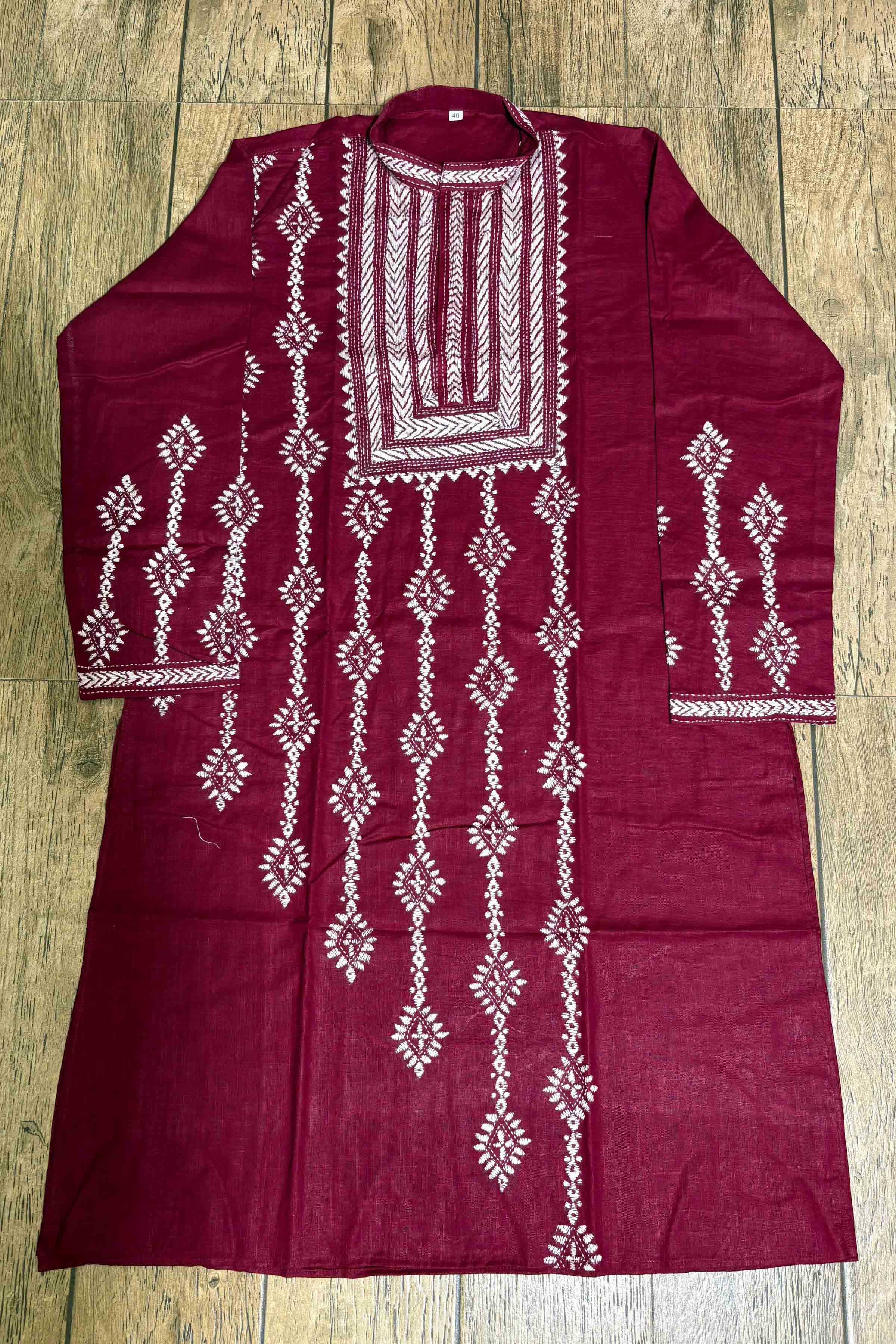 Maroon Color Cotton with White Color Thread Work Kantha Panjabi