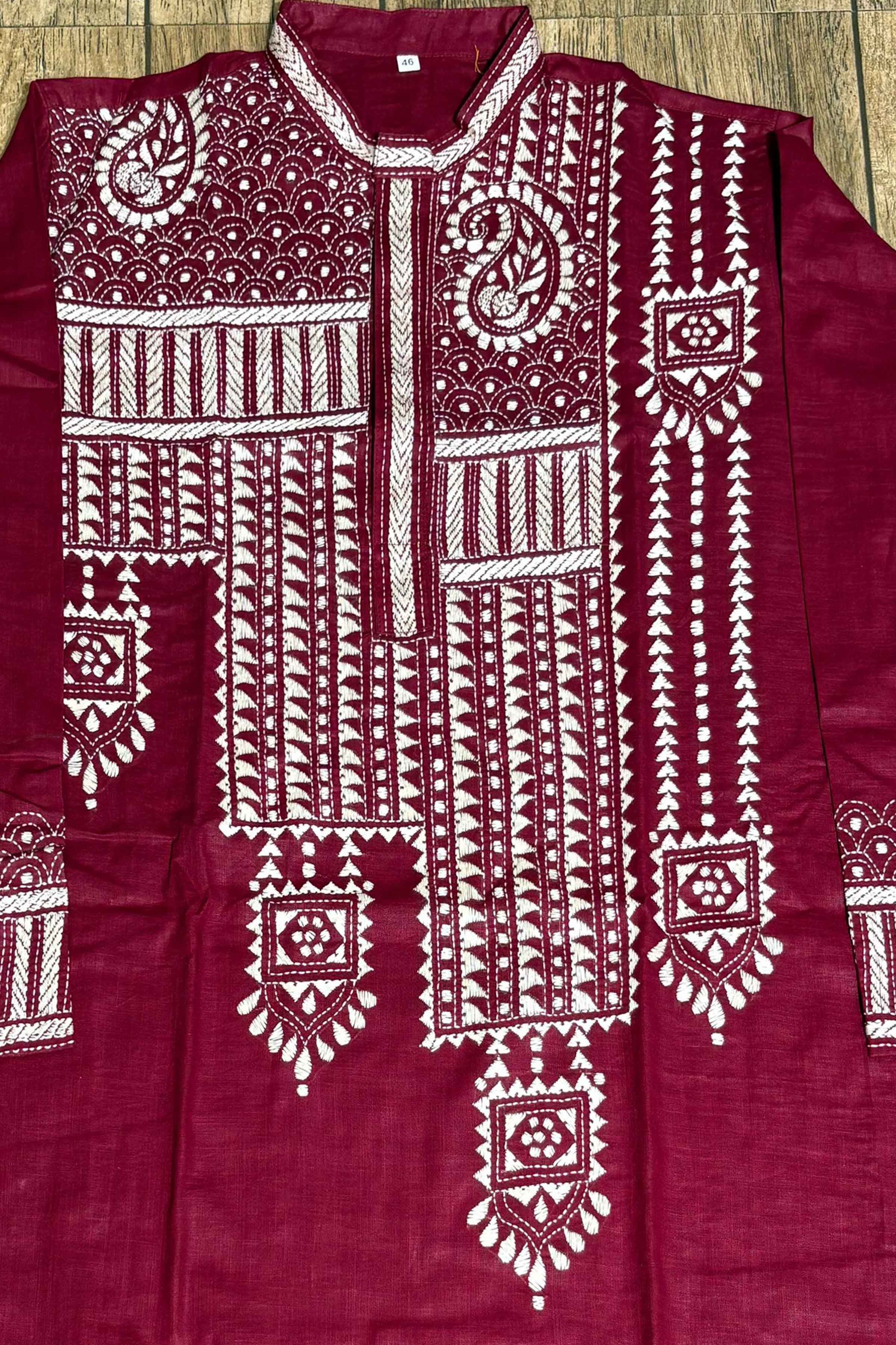 Maroon Color Cotton with White Color Thread Work Kantha Panjabi