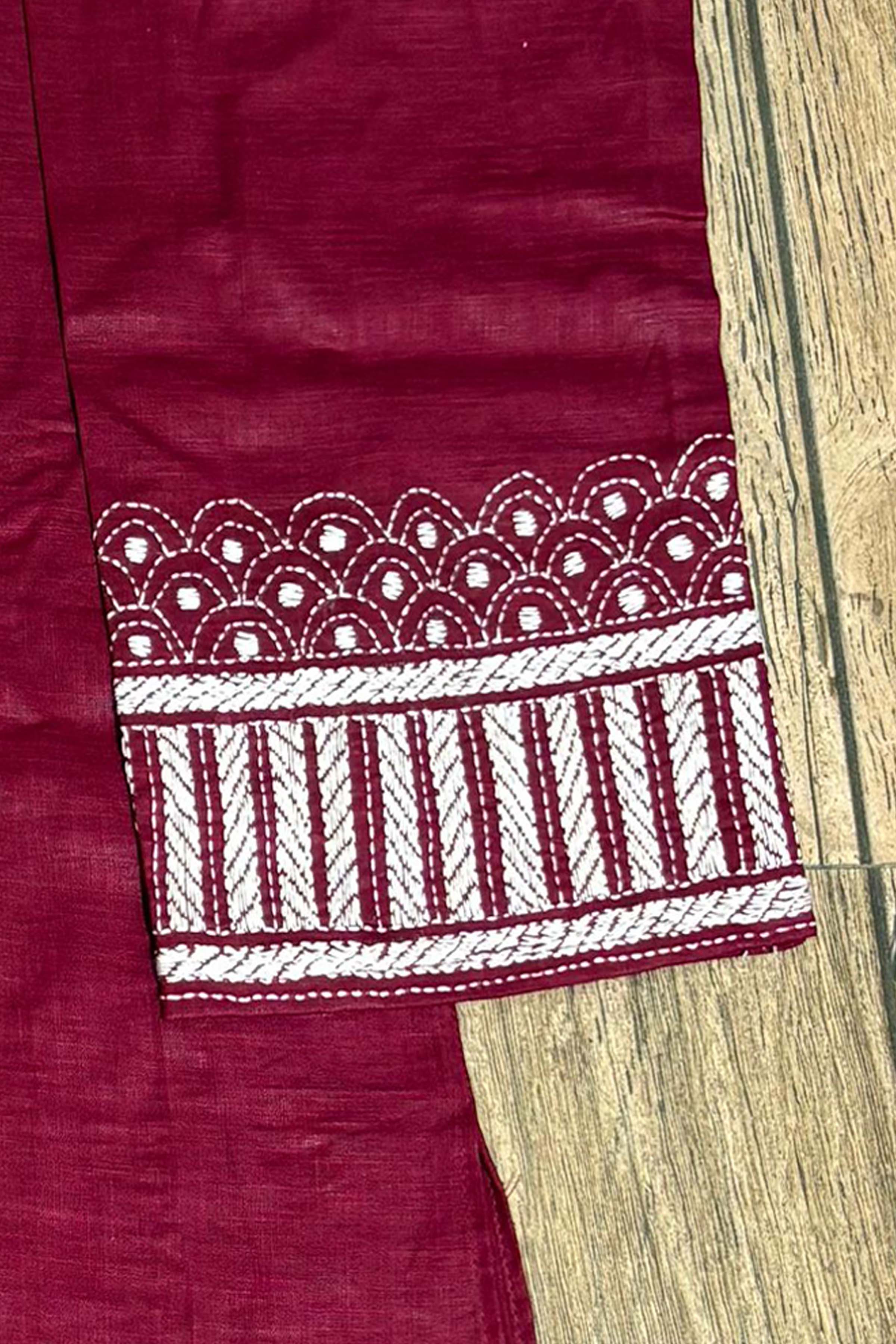 Maroon Color Cotton with White Color Thread Work Kantha Panjabi