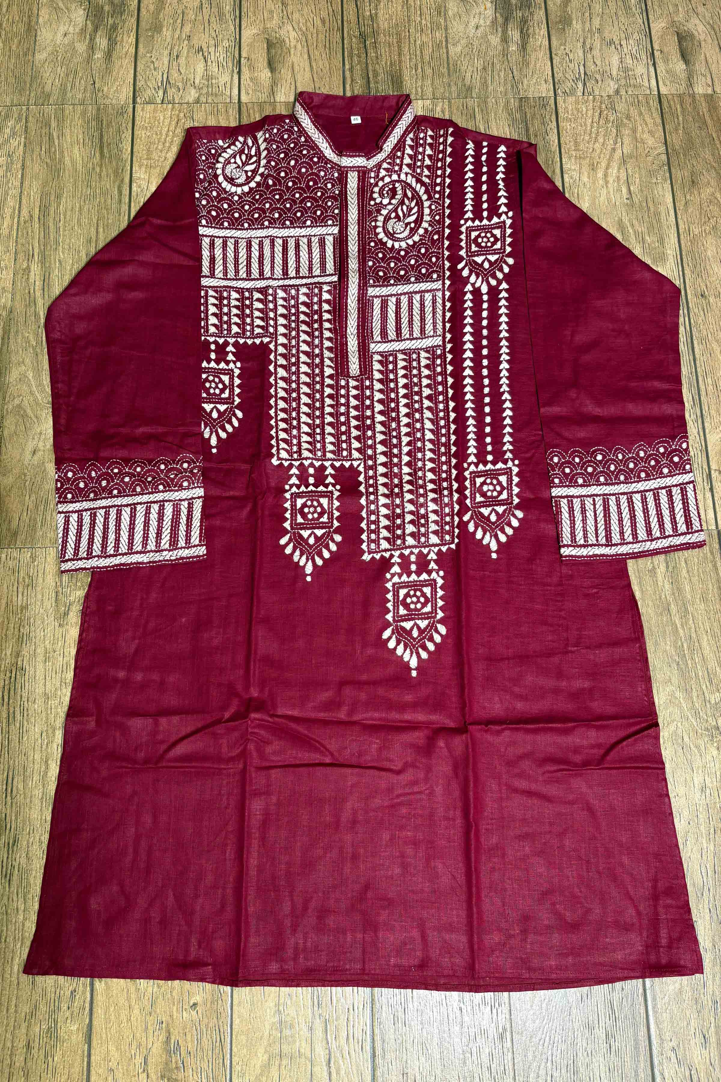 Maroon Color Cotton with White Color Thread Work Kantha Panjabi