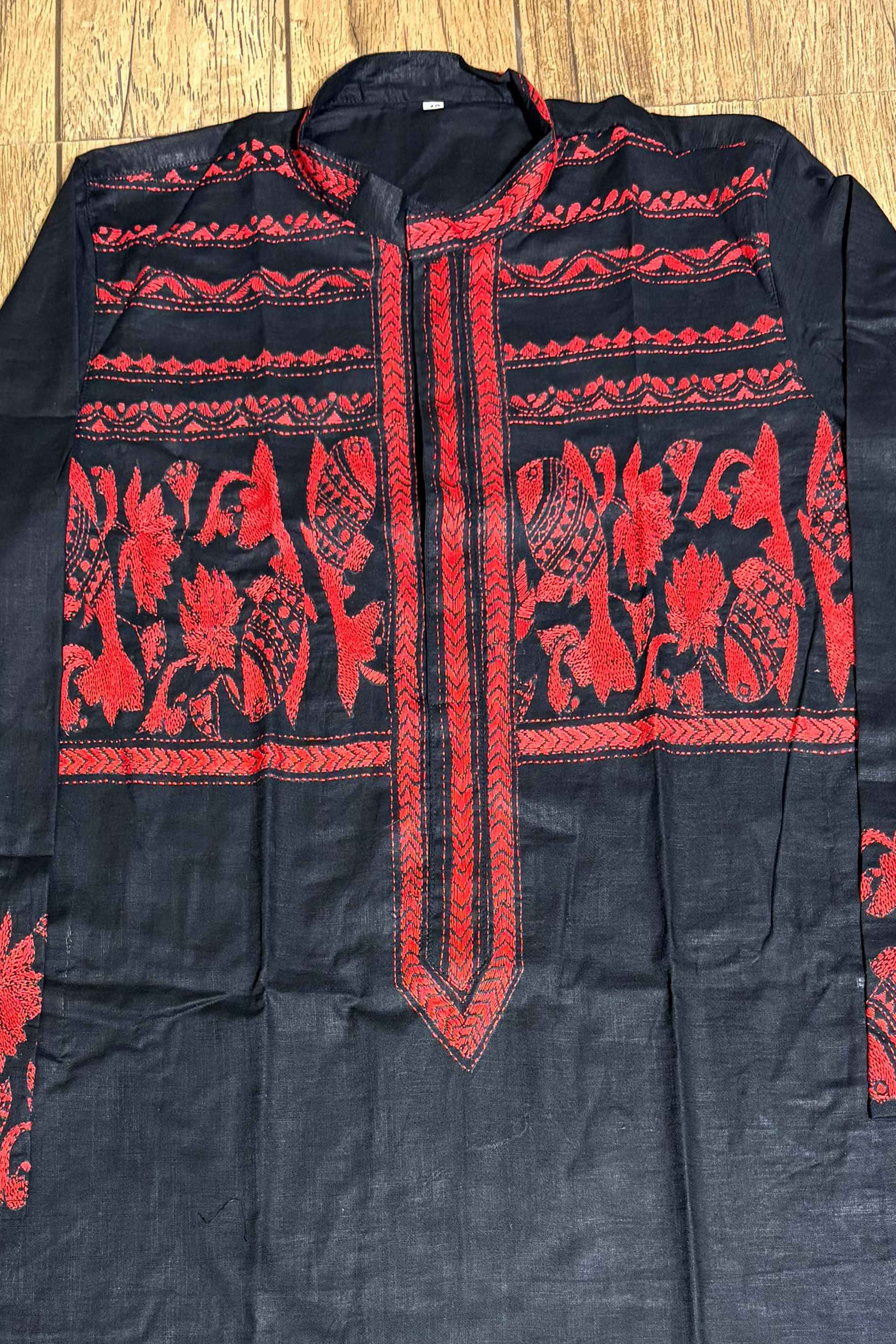 Black Color Cotton with Red Color Thread Work Kantha Panjabi