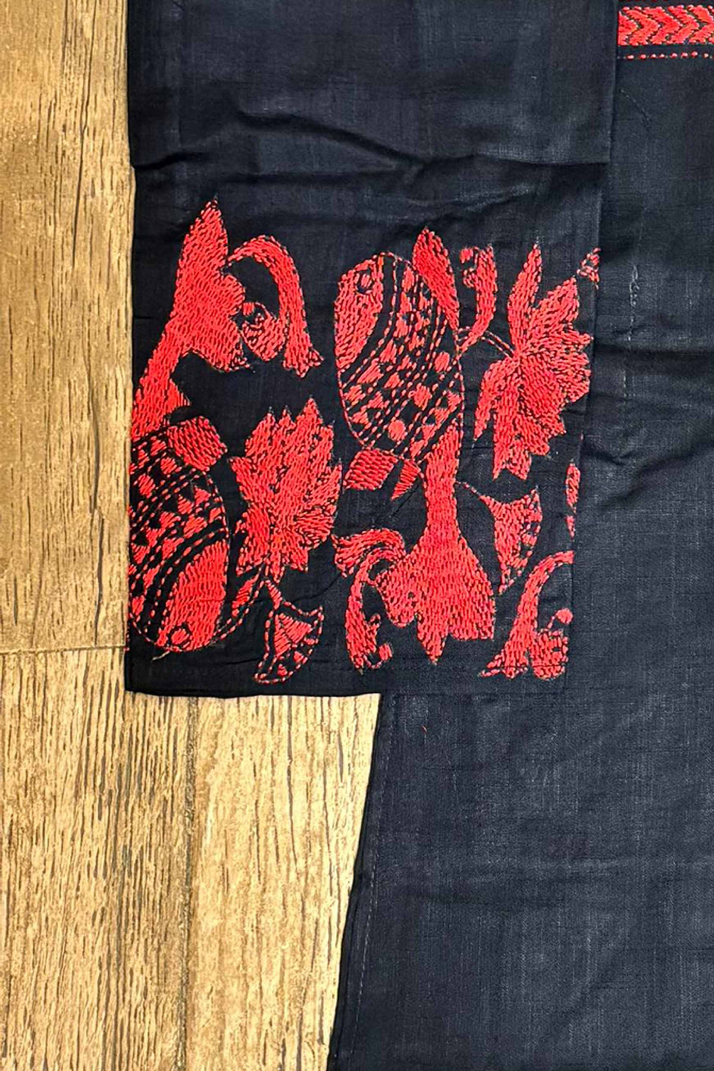 Black Color Cotton with Red Color Thread Work Kantha Panjabi