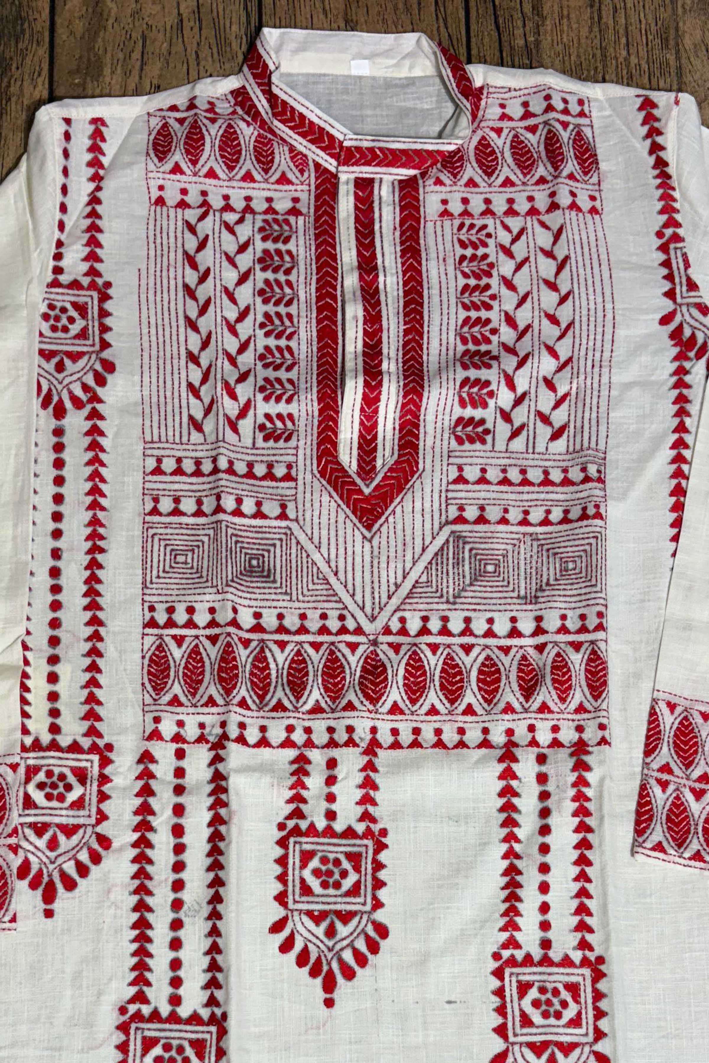 White Color Cotton with Red Color Thread Work Kantha Panjabi