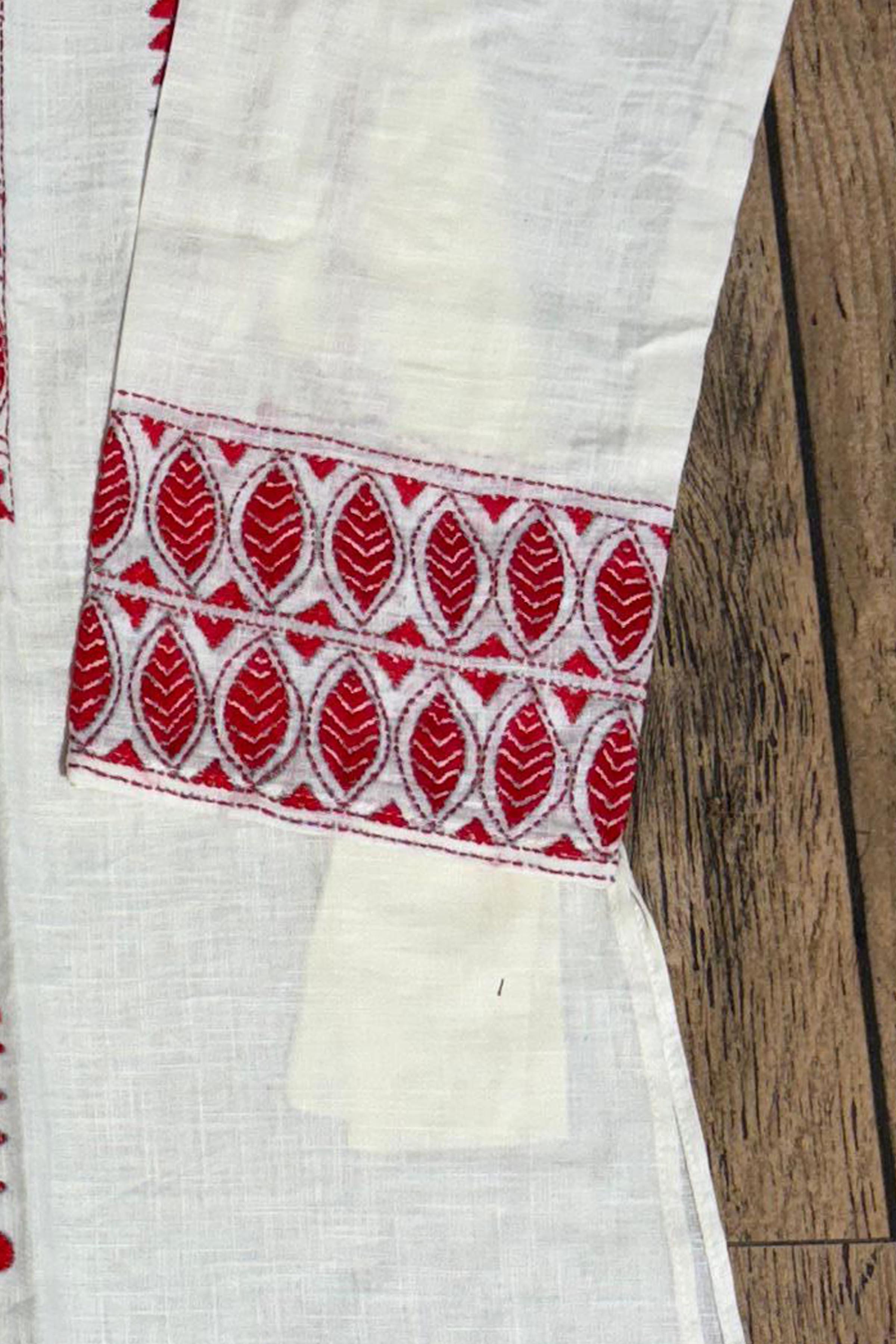 White Color Cotton with Red Color Thread Work Kantha Panjabi