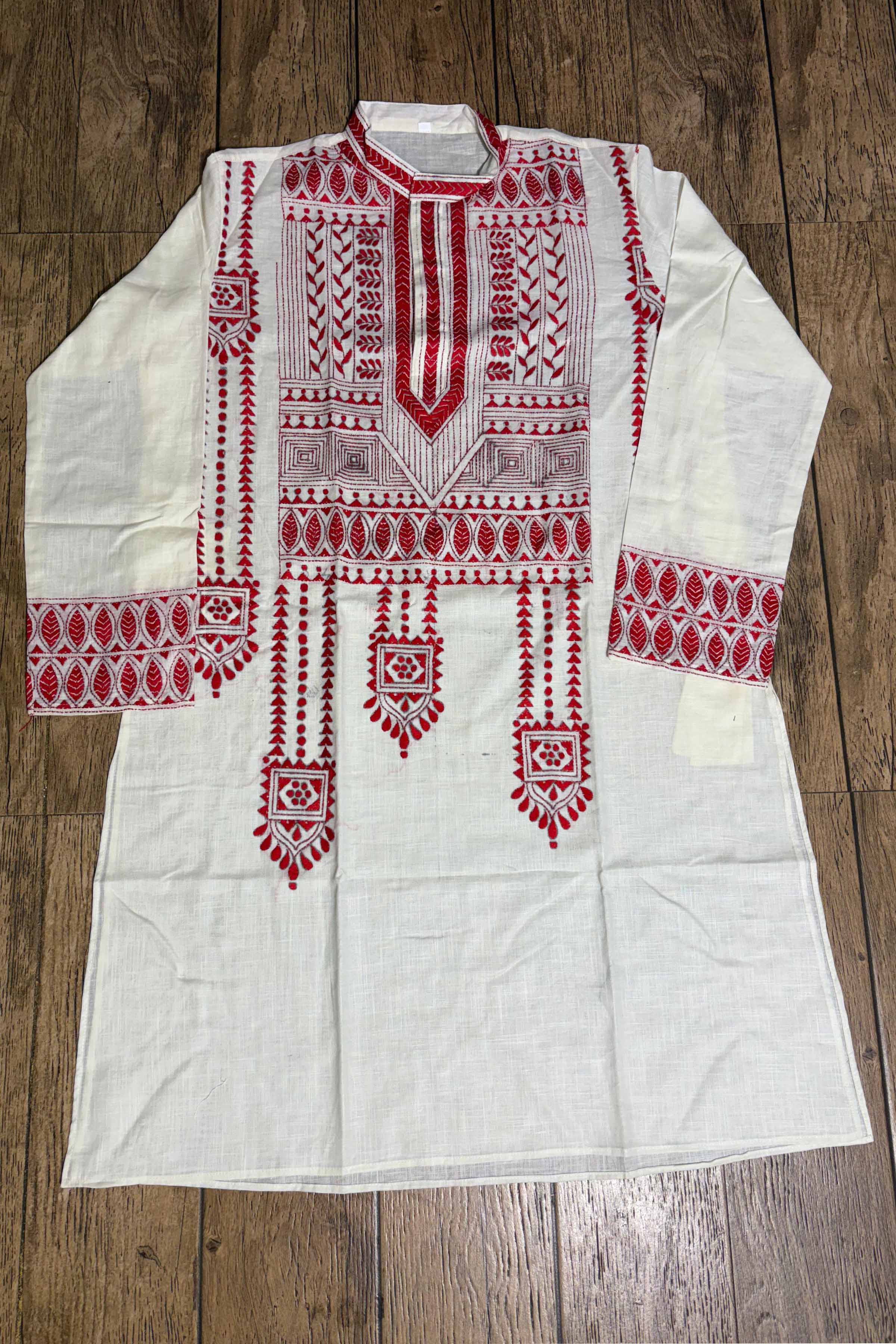 White Color Cotton with Red Color Thread Work Kantha Panjabi
